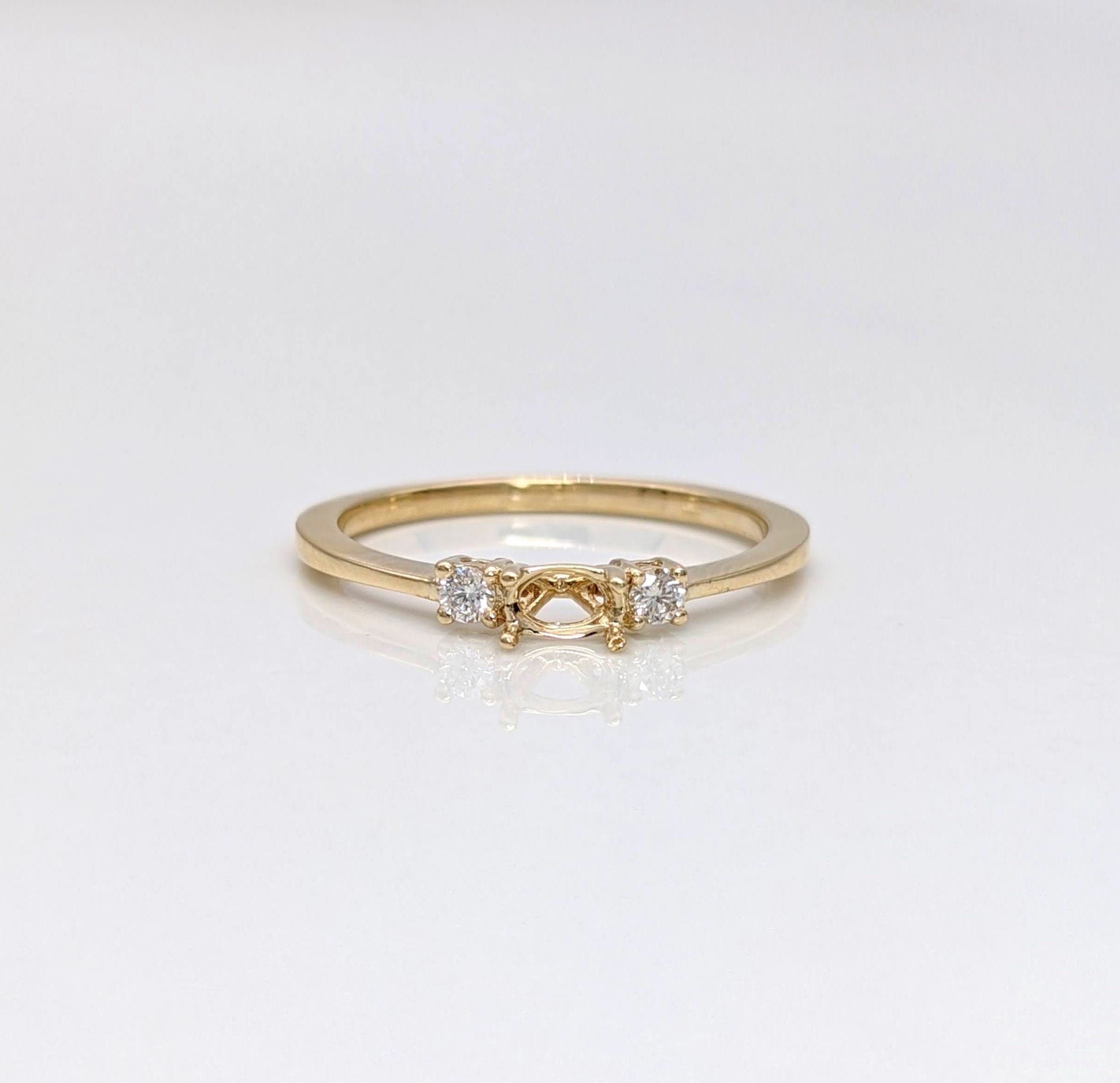 Stackable Rings-Simple East West Ring Setting W Earth Mined Diamond Accents in 14K or 18K Solid Gold | Oval 5x3 6x4 7x5 | Dainty Ring Setting | Customizable - NNJGemstones