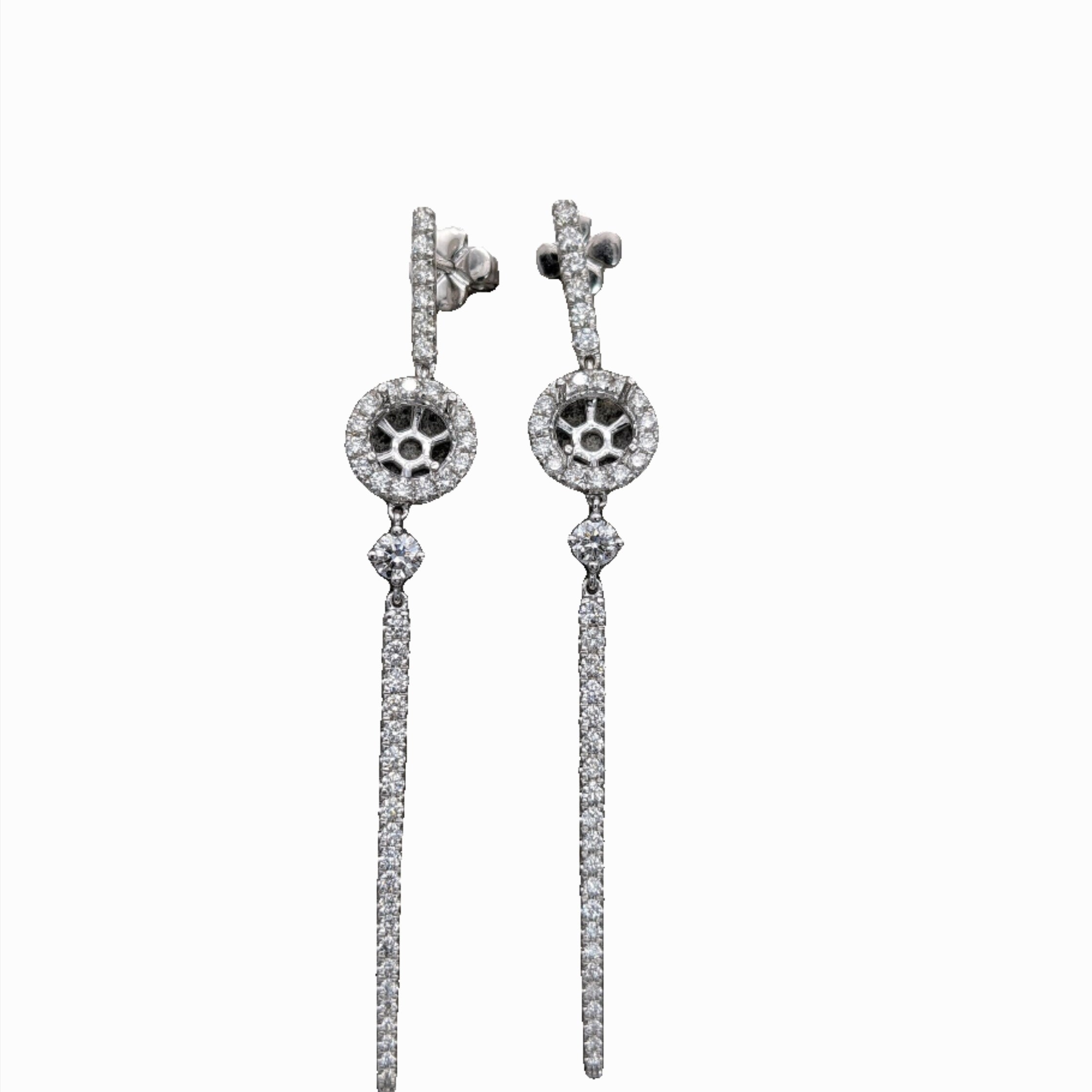 Dangle & Drop Earrings-Art Deco Long Drop Dangle Semi-Mount Earrings in Solid 14k Gold w Natural Diamond Halo & Accents | Round 6mm | Avant Garde | Customizable - NNJGemstones