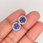 Stud Earrings-Tanzanite Diamond Halo in 14K White Gold Round Earrings 6mm, Deluxe Portuguese Cut Tanzanites with AAA color/ December Birthstone - NNJGemstones