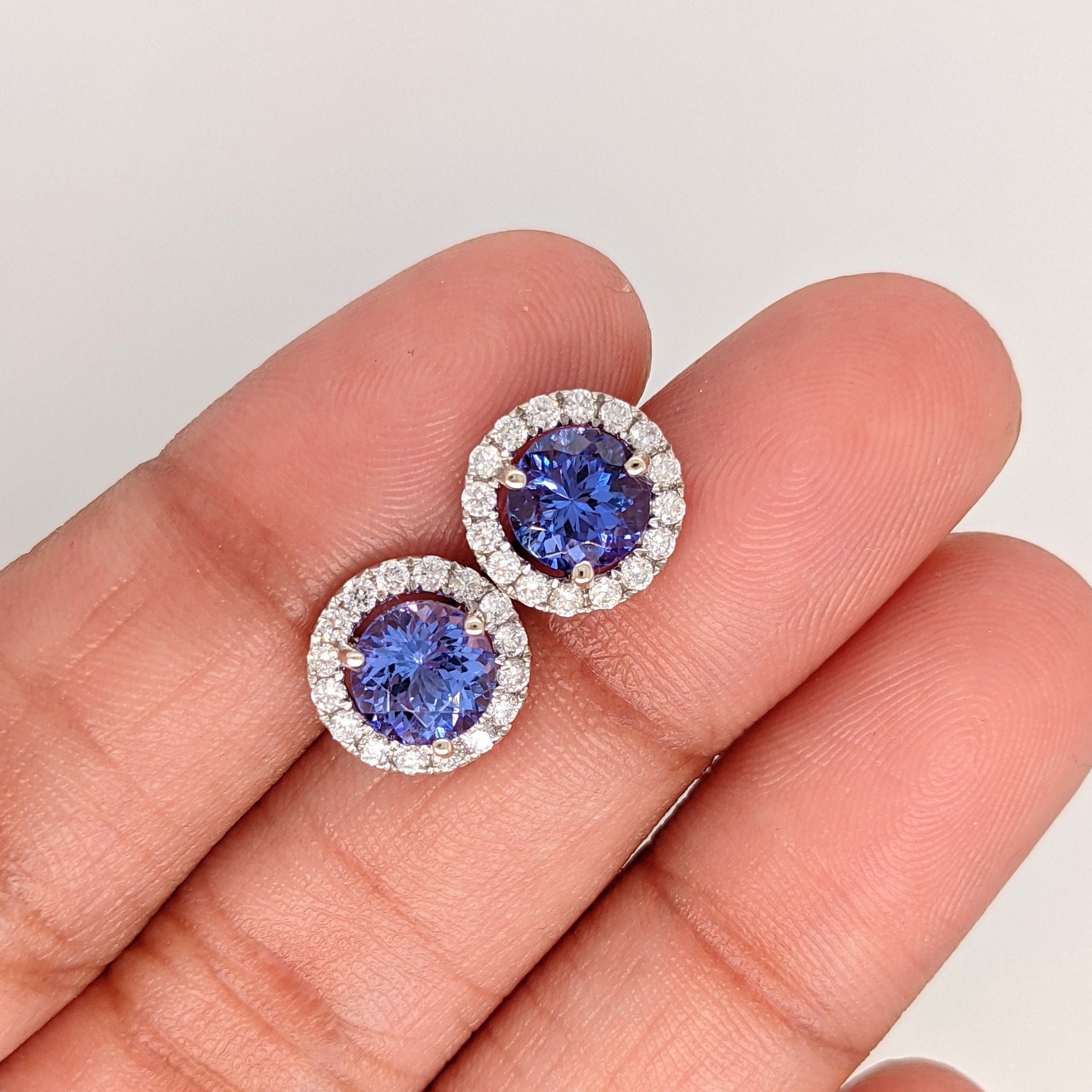 Stud Earrings-Tanzanite Diamond Halo in 14K White Gold Round Earrings 6mm, Deluxe Portuguese Cut Tanzanites with AAA color/ December Birthstone - NNJGemstones