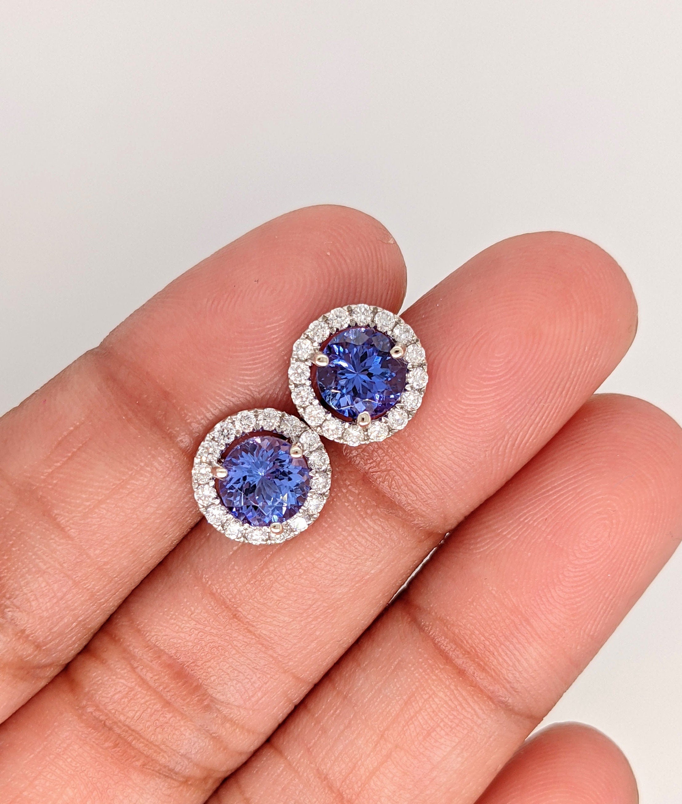 Stud Earrings-Tanzanite Diamond Halo in 14K White Gold Round Earrings 6mm, Deluxe Portuguese Cut Tanzanites with AAA color/ December Birthstone - NNJGemstones