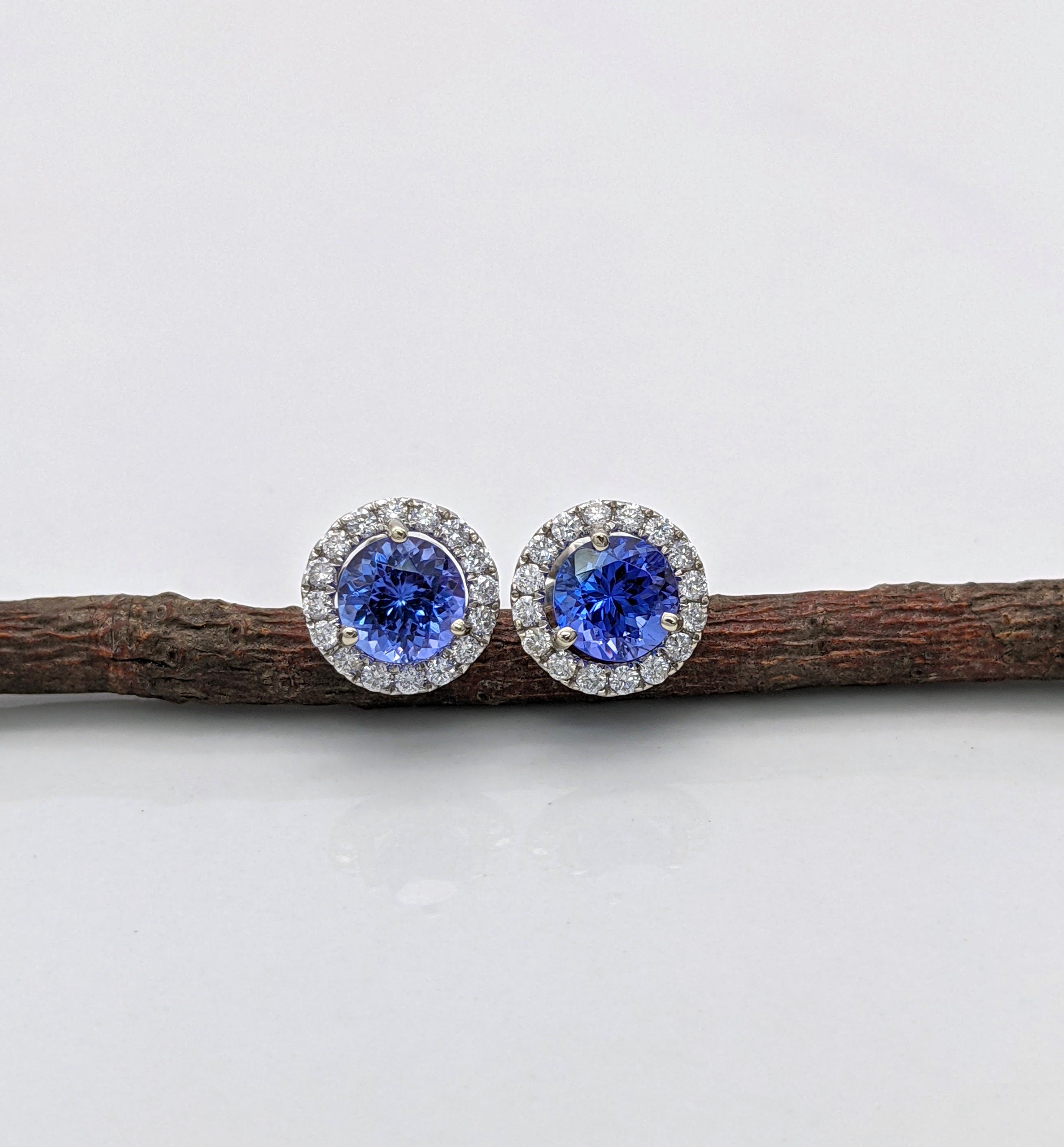 Stud Earrings-Tanzanite Diamond Halo in 14K White Gold Round Earrings 6mm, Deluxe Portuguese Cut Tanzanites with AAA color/ December Birthstone - NNJGemstones