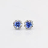 Stud Earrings-Tanzanite Diamond Halo in 14K White Gold Round Earrings 6mm, Deluxe Portuguese Cut Tanzanites with AAA color/ December Birthstone - NNJGemstones