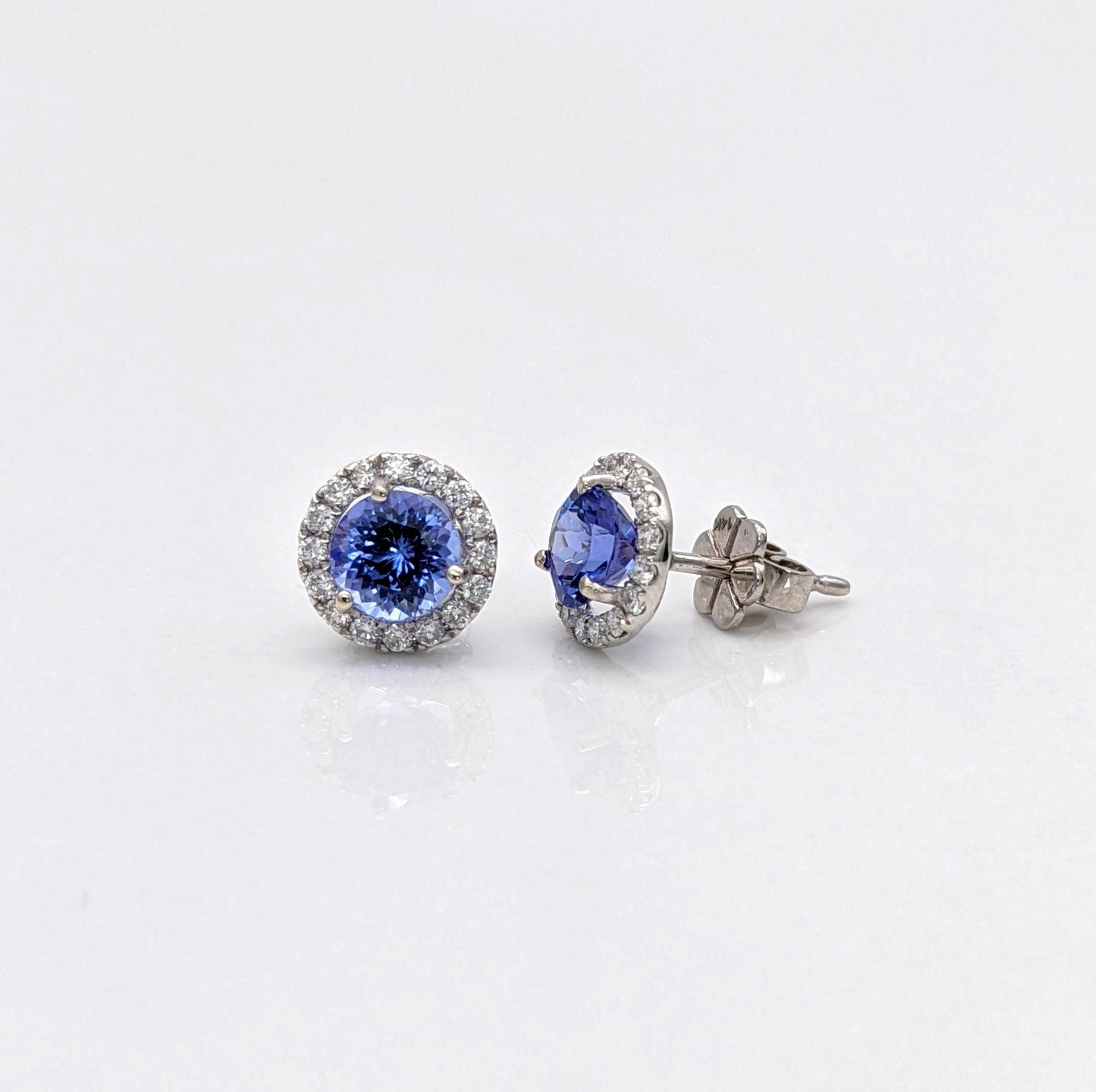 Stud Earrings-Tanzanite Diamond Halo in 14K White Gold Round Earrings 6mm, Deluxe Portuguese Cut Tanzanites with AAA color/ December Birthstone - NNJGemstones