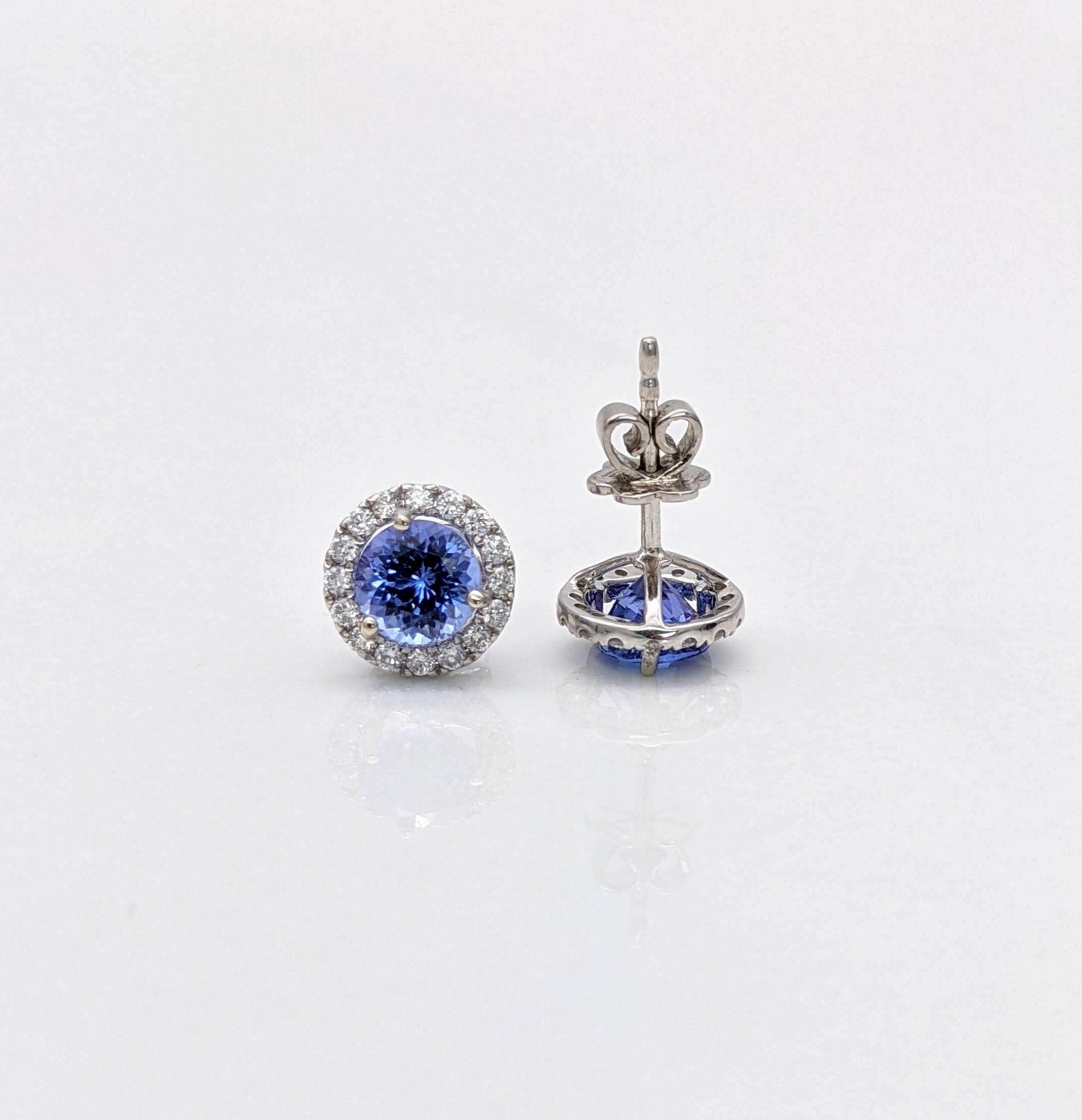 Stud Earrings-Tanzanite Diamond Halo in 14K White Gold Round Earrings 6mm, Deluxe Portuguese Cut Tanzanites with AAA color/ December Birthstone - NNJGemstones