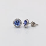 Stud Earrings-Tanzanite Diamond Halo in 14K White Gold Round Earrings 6mm, Deluxe Portuguese Cut Tanzanites with AAA color/ December Birthstone - NNJGemstones