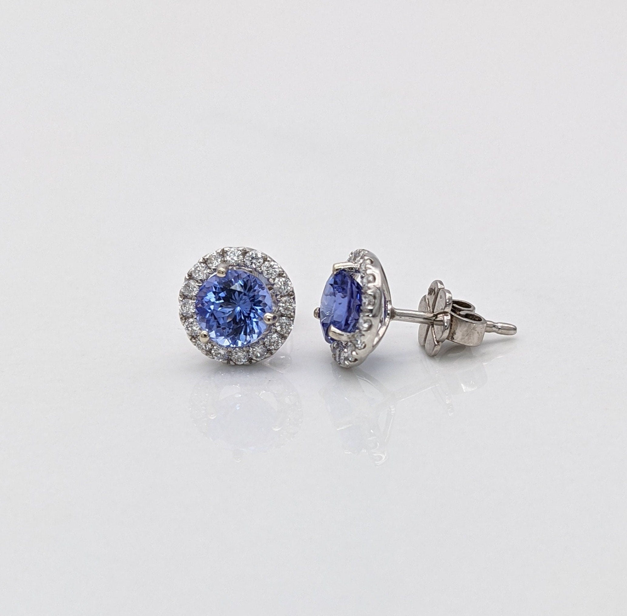 Stud Earrings-Tanzanite Diamond Halo in 14K White Gold Round Earrings 6mm, Deluxe Portuguese Cut Tanzanites with AAA color/ December Birthstone - NNJGemstones