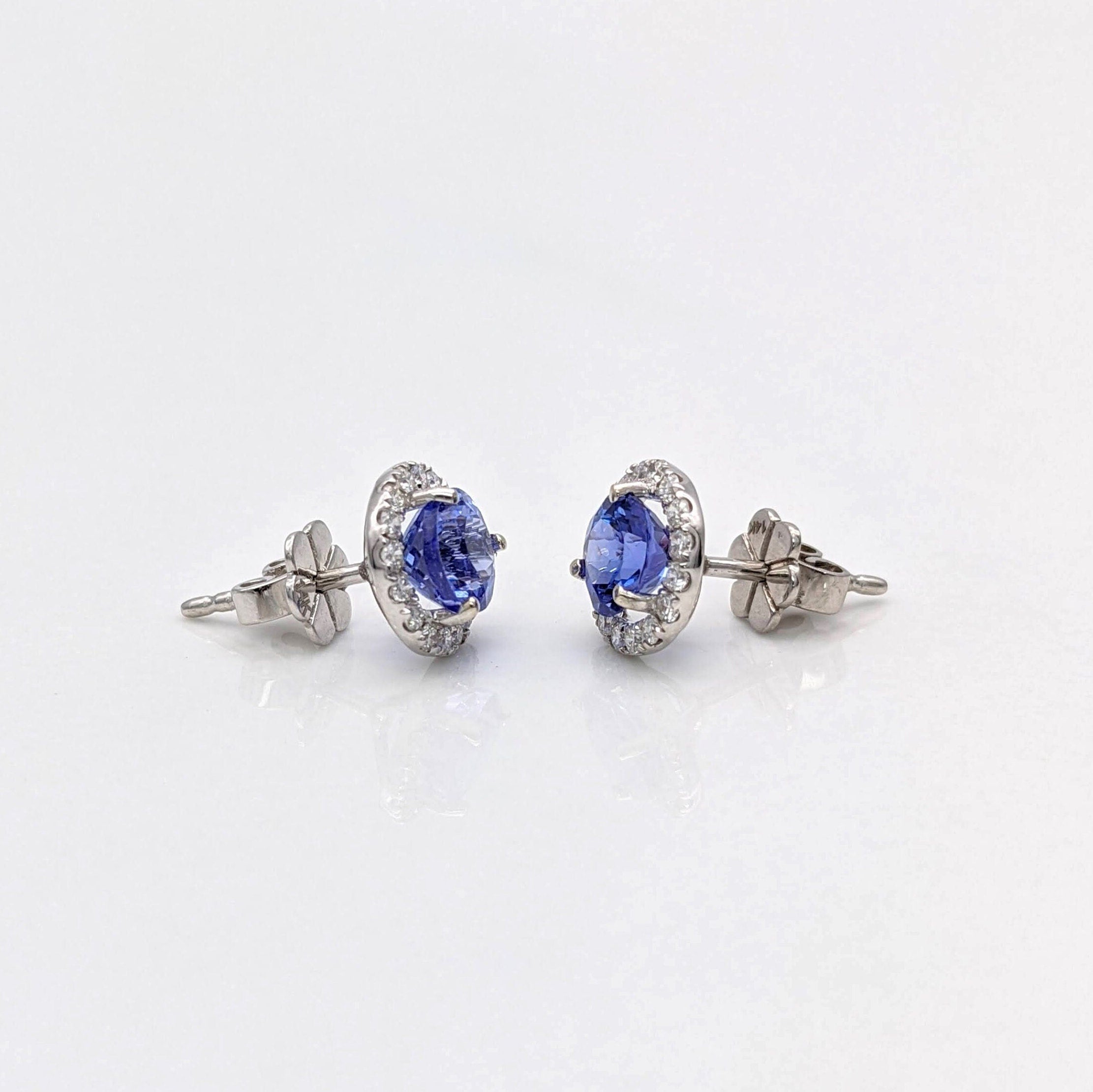 Stud Earrings-Tanzanite Diamond Halo in 14K White Gold Round Earrings 6mm, Deluxe Portuguese Cut Tanzanites with AAA color/ December Birthstone - NNJGemstones