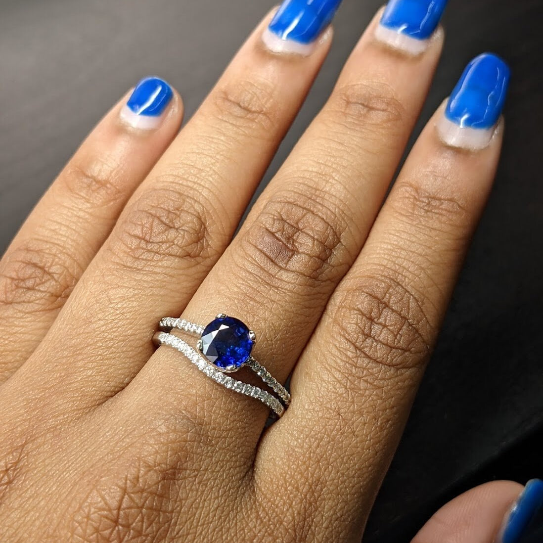 Statement Rings-CLOSEOUT!! Sapphire Ring w All Natural Accent Diamonds in Solid 14k White Gold | Round 6.5mm | September Birthstone - NNJGemstones