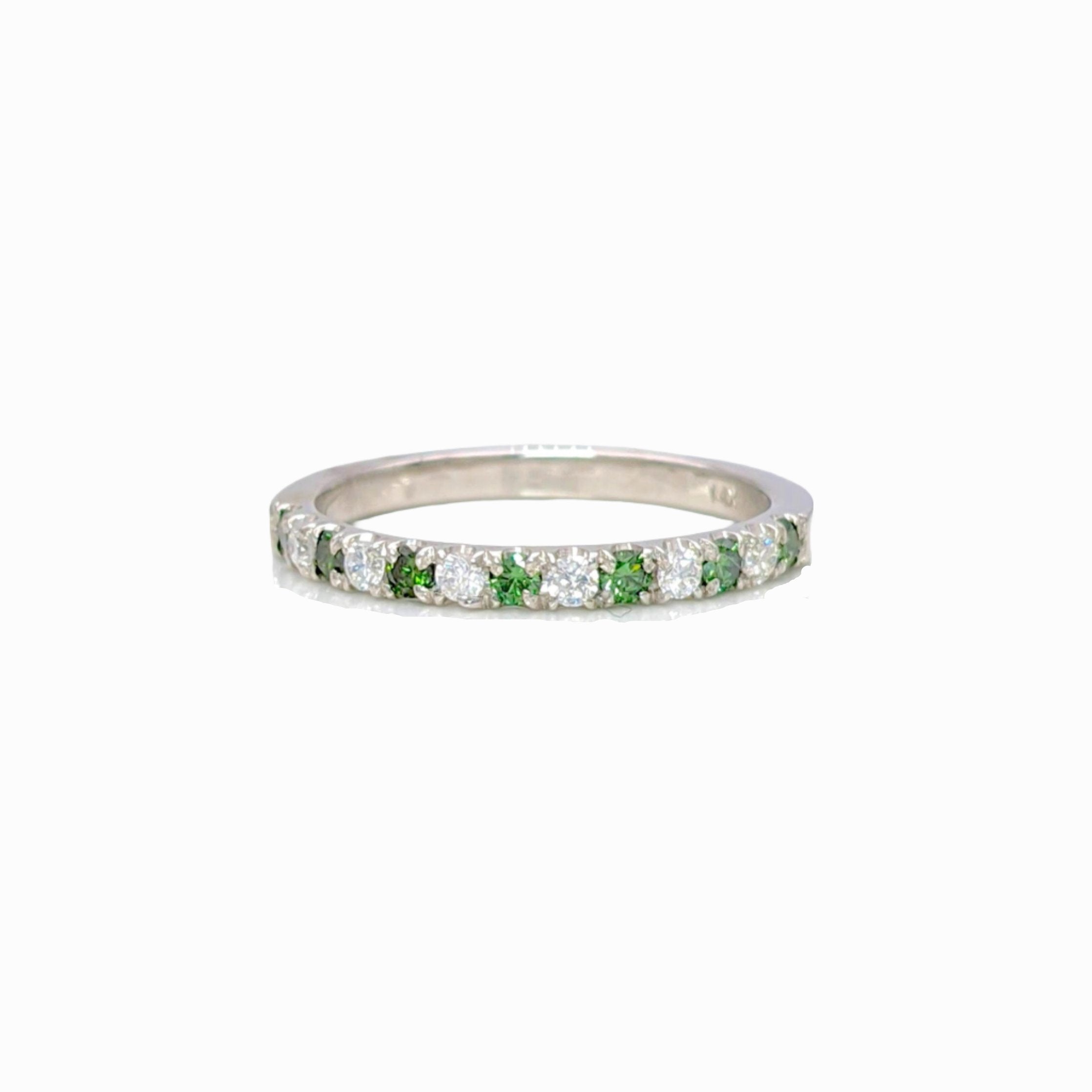 Bands-All Natural Green Diamond & Diamond Band in Solid 14k White Gold || Stackable || Straight Thick Band || Dainty Minimalist || Customizable - NNJGemstones