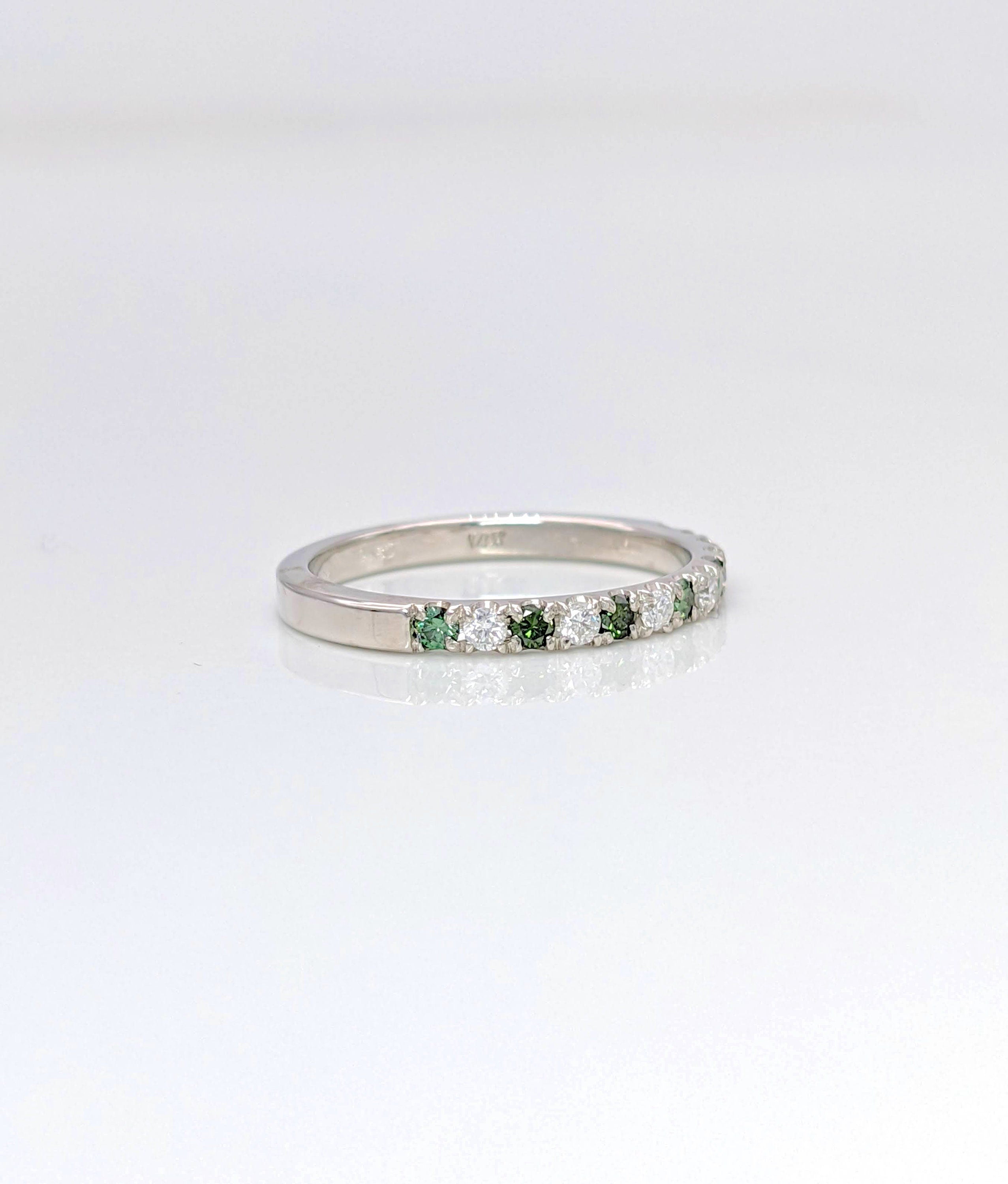 Bands-All Natural Green Diamond & Diamond Band in Solid 14k White Gold || Stackable || Straight Thick Band || Dainty Minimalist || Customizable - NNJGemstones