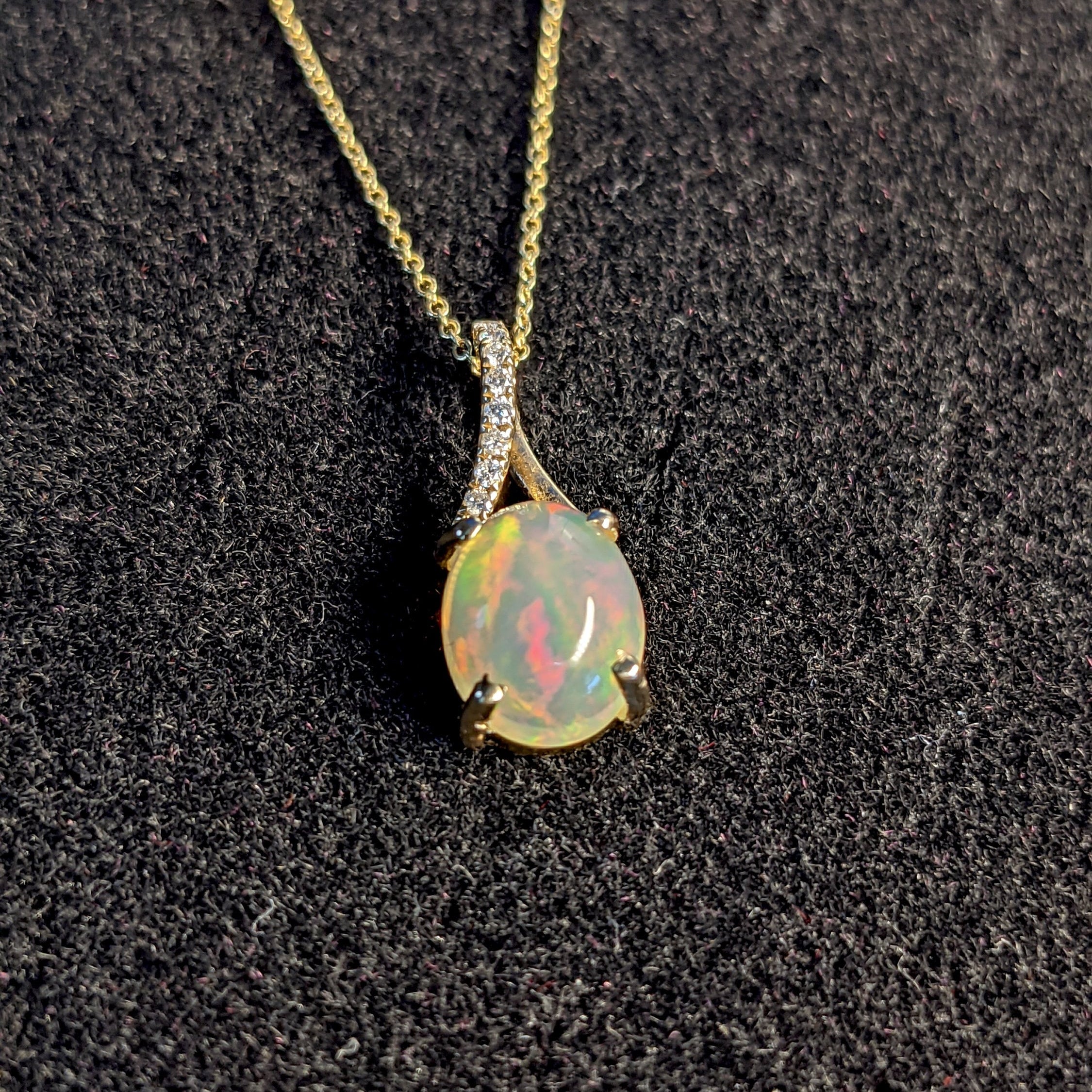 Pendants-Ethiopian Opal Pendant W All Natural Diamond Accents in 14k Solid Gold | Oval Shape | Jelly Opal | October Birthstone | Customizable - NNJGemstones