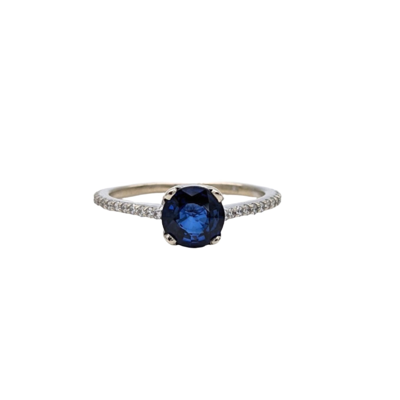 Statement Rings-CLOSEOUT!! Sapphire Ring w All Natural Accent Diamonds in Solid 14k White Gold | Round 6.5mm | September Birthstone - NNJGemstones