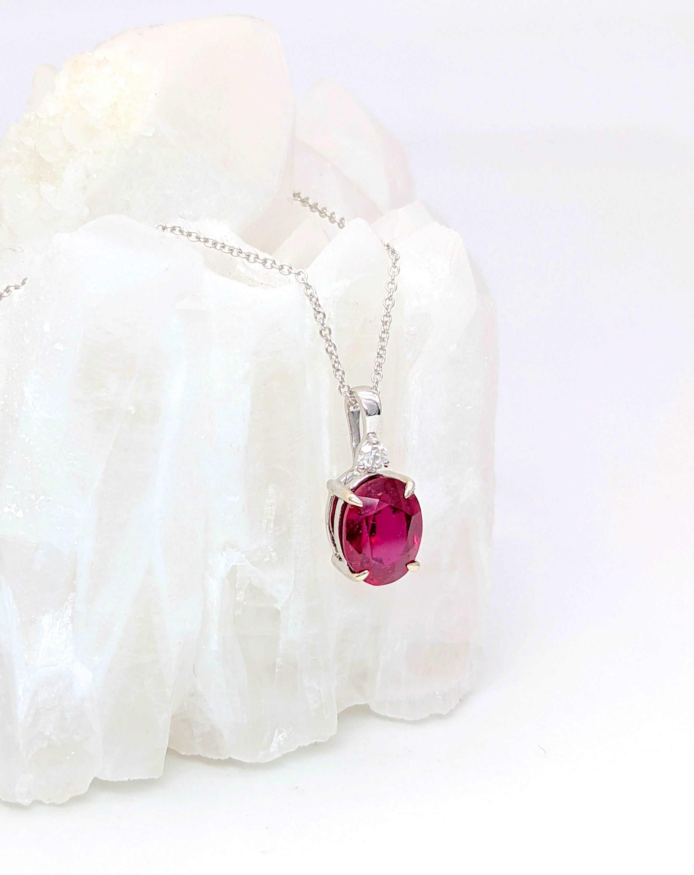 Pendants-Pretty Ruby Pendant in Solid 14k White Gold with a Accent Diamond || Oval 6x4mm || July Birthstone || Minimalist Dainty || Customizable - NNJGemstones