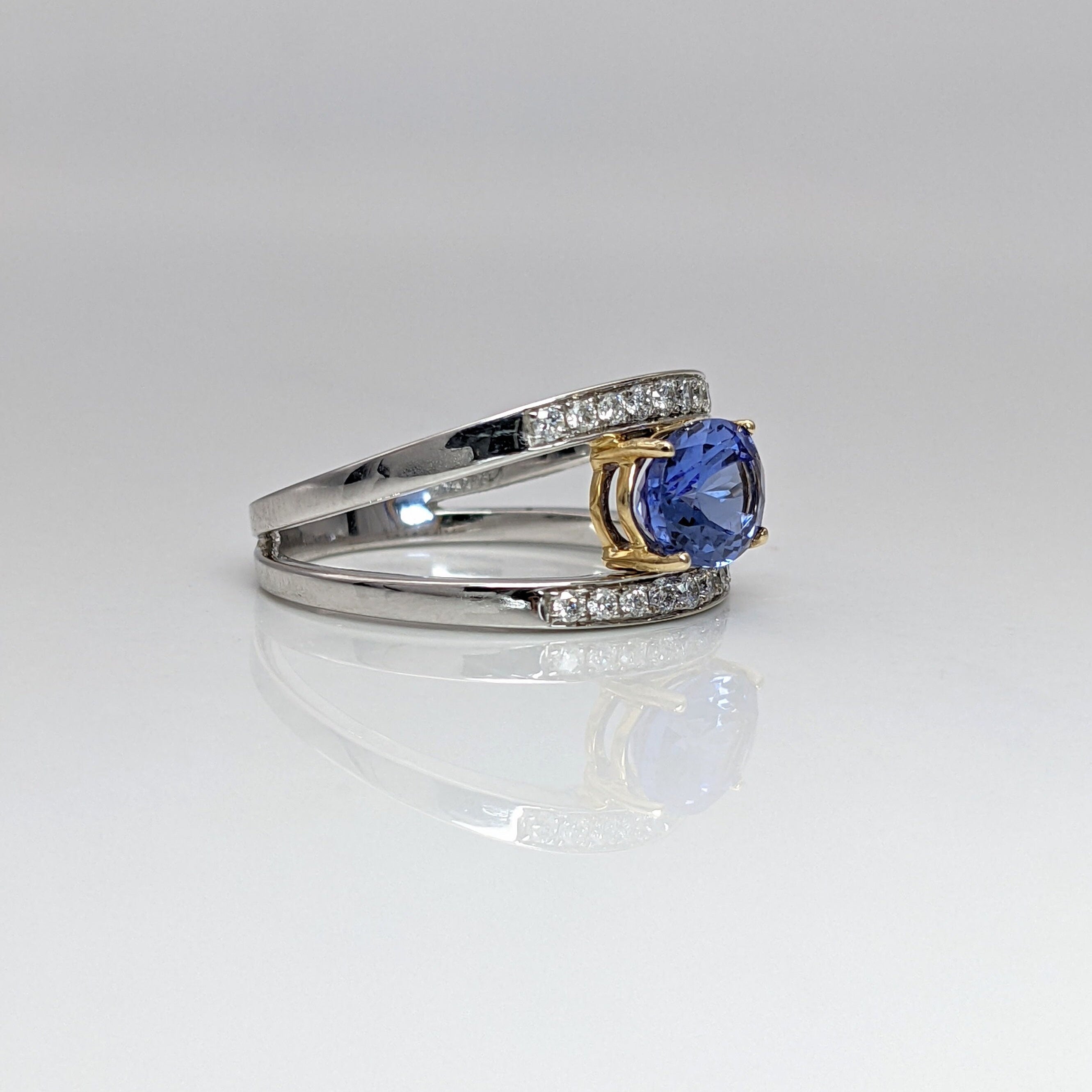 Statement Rings-CLOSEOUT SALE! Tanzanite Ring in Two Tone Solid 14k Yellow and White Gold w Natural Diamond Accents | East West Ring | Oval 8x6mm - NNJGemstones