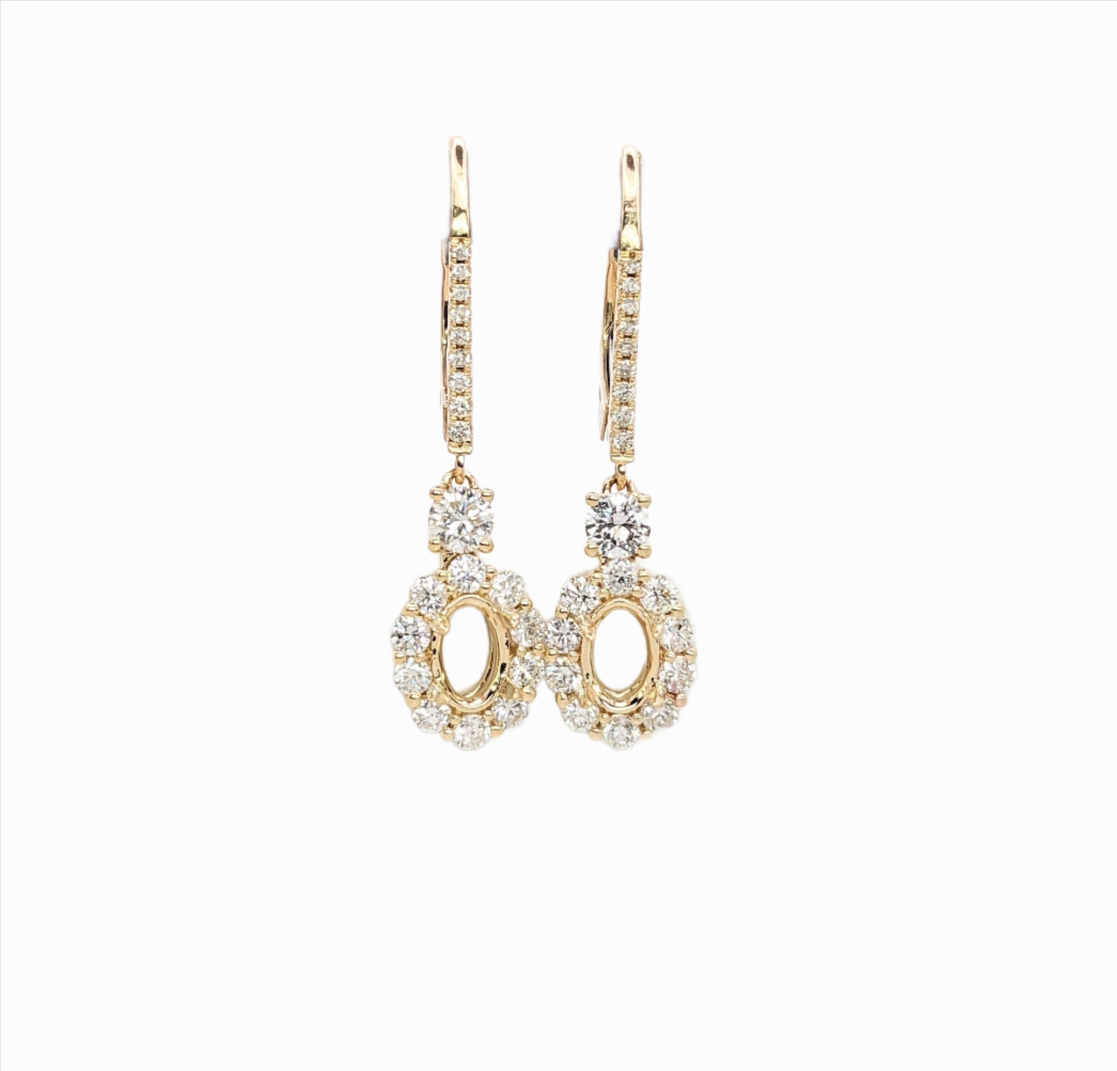 Dangle & Drop Earrings-Art Deco Lever back Drop Earring Settings w Floral Diamond Halo in 14K Solid Gold | Oval 6x4mm Mounting | Statement Dangle Jewelry | Custom - NNJGemstones