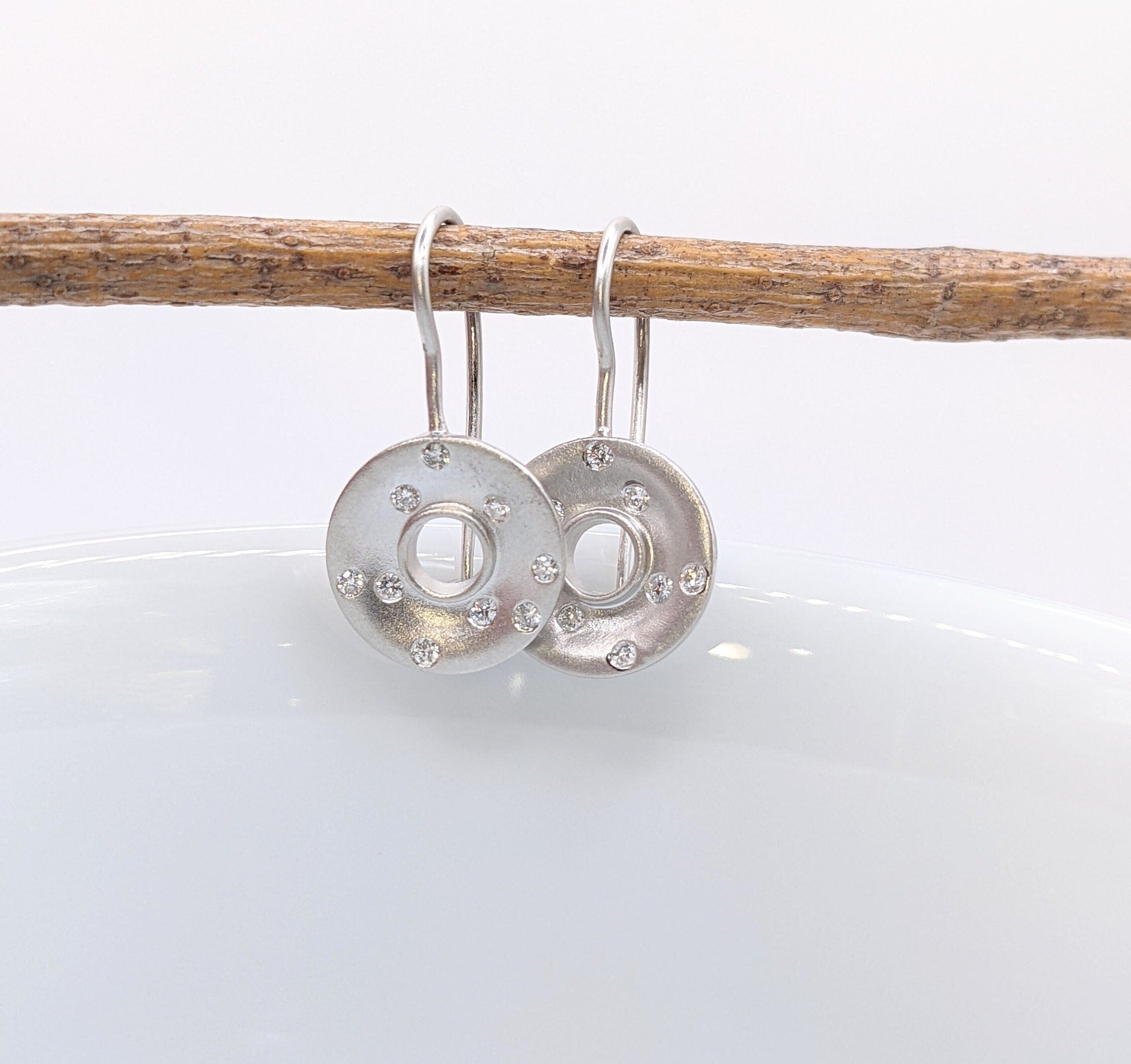 Dangle & Drop Earrings-Dangle Bezel Set Earring Semi Mount in 14k Solid Matte or Polished Gold w Flush Set Diamond Accents | Round 5mm | Fish Hook Backing | Custom - NNJGemstones