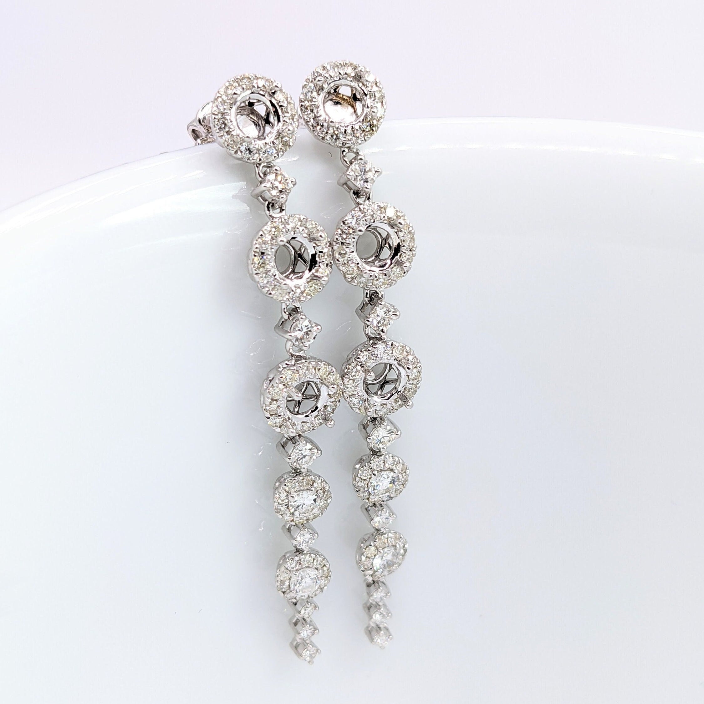 Dangle & Drop Earrings-Statement Natural Diamond Halo Dangle Earring Semi-Mounts in Solid 14k Gold | Six Round 4mm Center Stones | Heirloom | Art Deco | Custom - NNJGemstones
