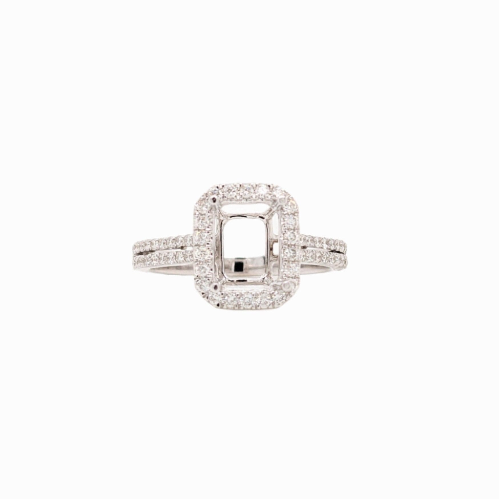 Engagement Rings-Emerald Cut Diamond Halo Ring Semi Mount in 14K Solid White, Yellow or Rose Gold | 8x6mm | Pave Diamond Split Parallel Shank | Customizable - NNJGemstones