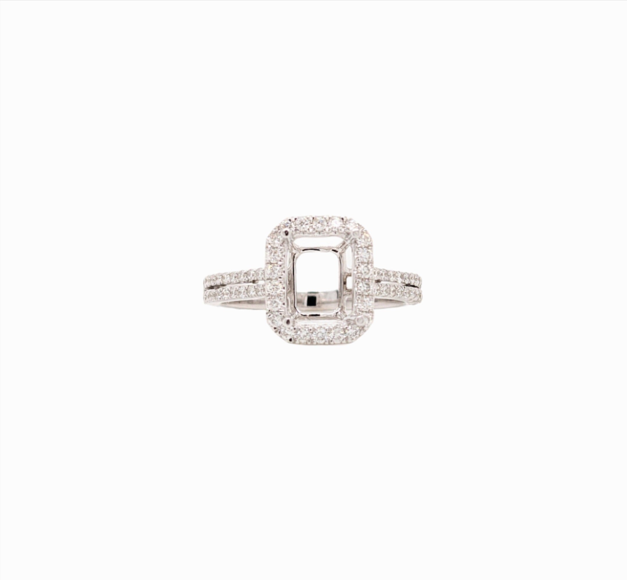 Engagement Rings-Emerald Cut Diamond Halo Ring Semi Mount in 14K Solid White, Yellow or Rose Gold | 8x6mm | Pave Diamond Split Parallel Shank | Customizable - NNJGemstones