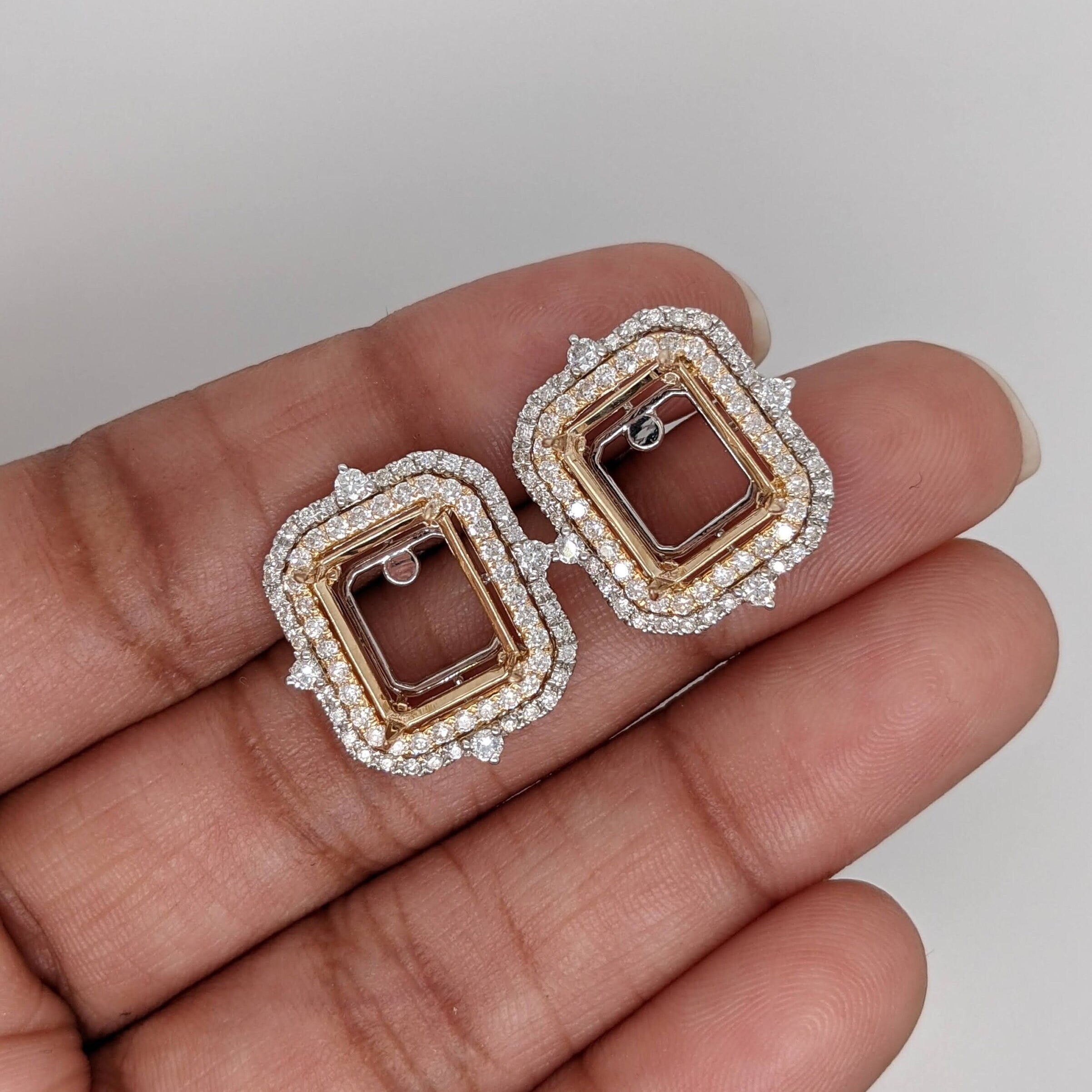 Stud Earrings-Magnificent Double Halo Earring Semi Mount in Solid or Dual Tone 14k Gold | Radiant, Emerald Cut 10x8mm | Customizable Gemstone Setting - NNJGemstones