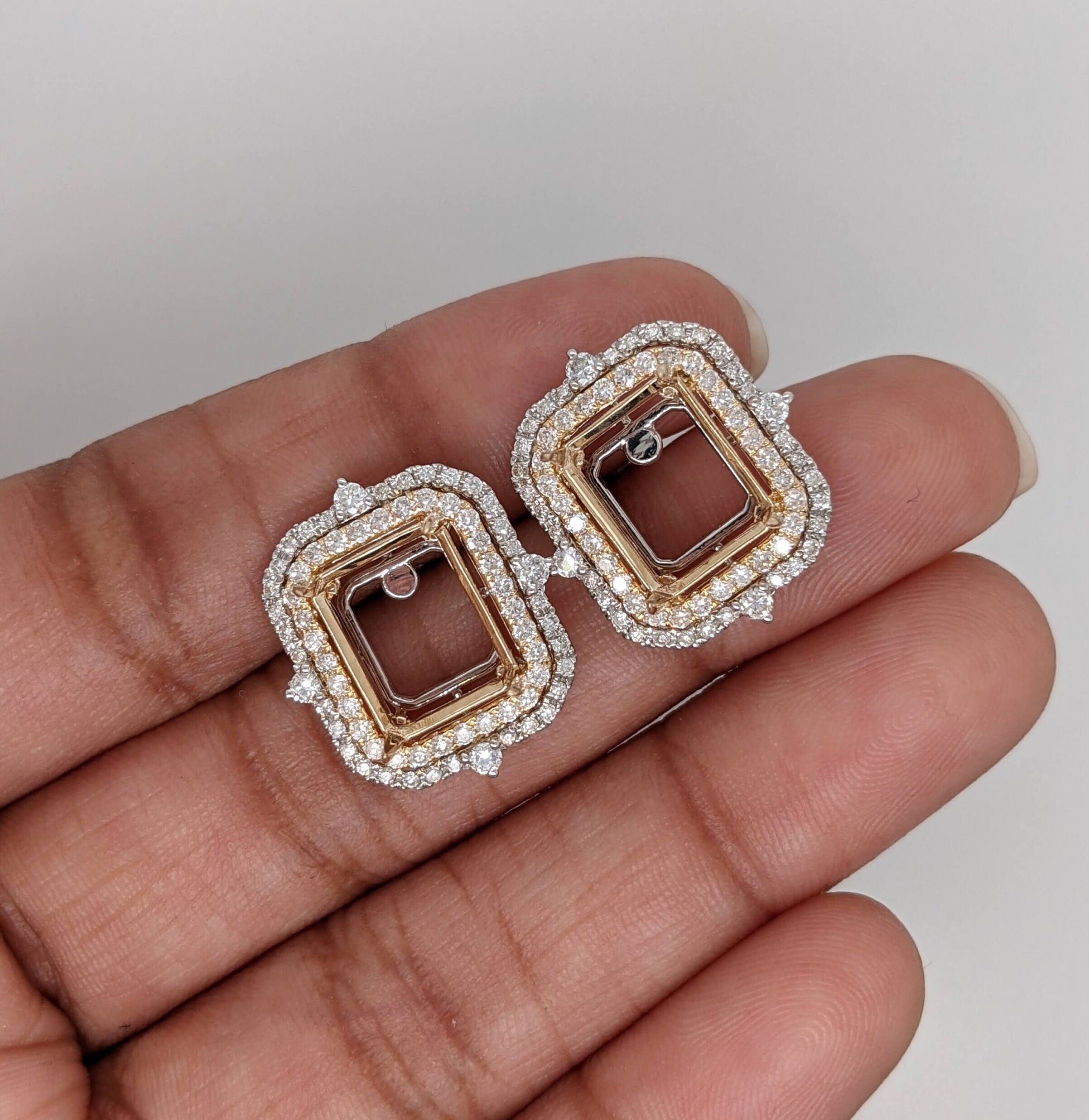Stud Earrings-Magnificent Double Halo Earring Semi Mount in Solid or Dual Tone 14k Gold | Radiant, Emerald Cut 10x8mm | Customizable Gemstone Setting - NNJGemstones