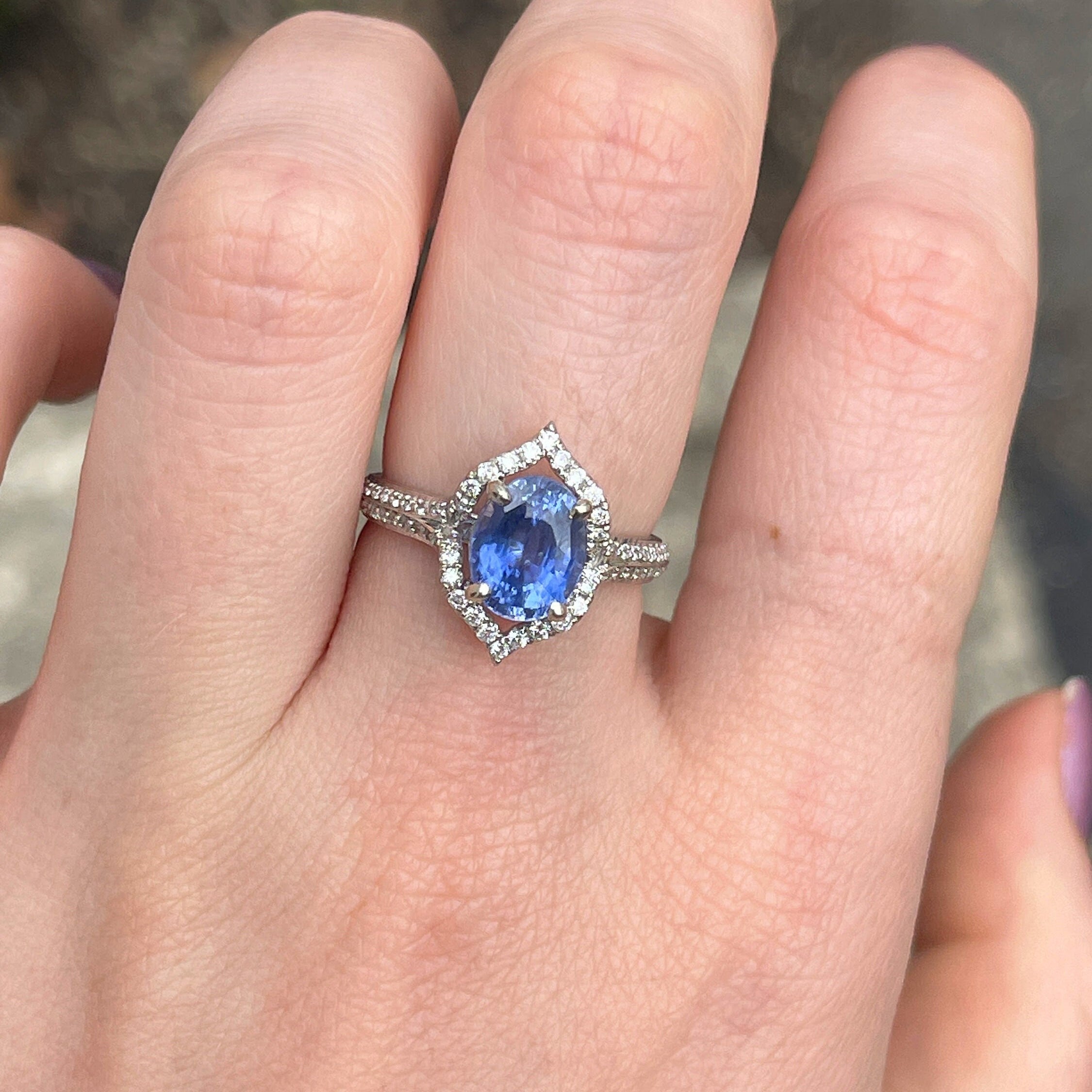 Engagement Rings-Ceylon Sapphire w Diamond Halo in Solid 14k White Gold | Round Diamond Accents | Oval 9x7mm | Anniversary Wedding Engagement - NNJGemstones