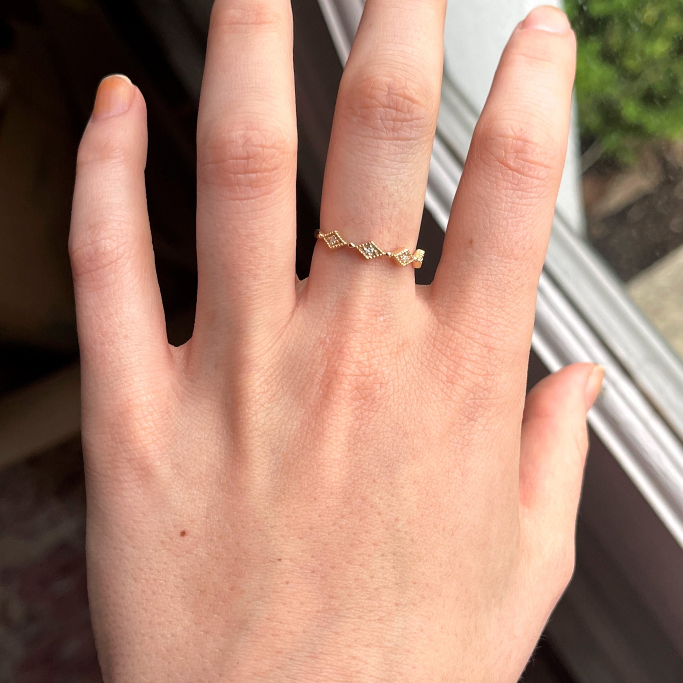 Bands-Dainty Art Deco Diamond 14K Gold Ring | Milgrain Detail | Stackable Nesting Band | April Birthstone | Anniversary Gift | Bridal Custom Band - NNJGemstones