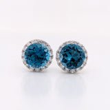 Stud Earrings-Vibrant London Blue Topaz Pave Diamond Halo Studs in 14k White Gold Round 3.5cts | November Birthstone Gift | Sparkly Earrings | Daily Wear - NNJGemstones