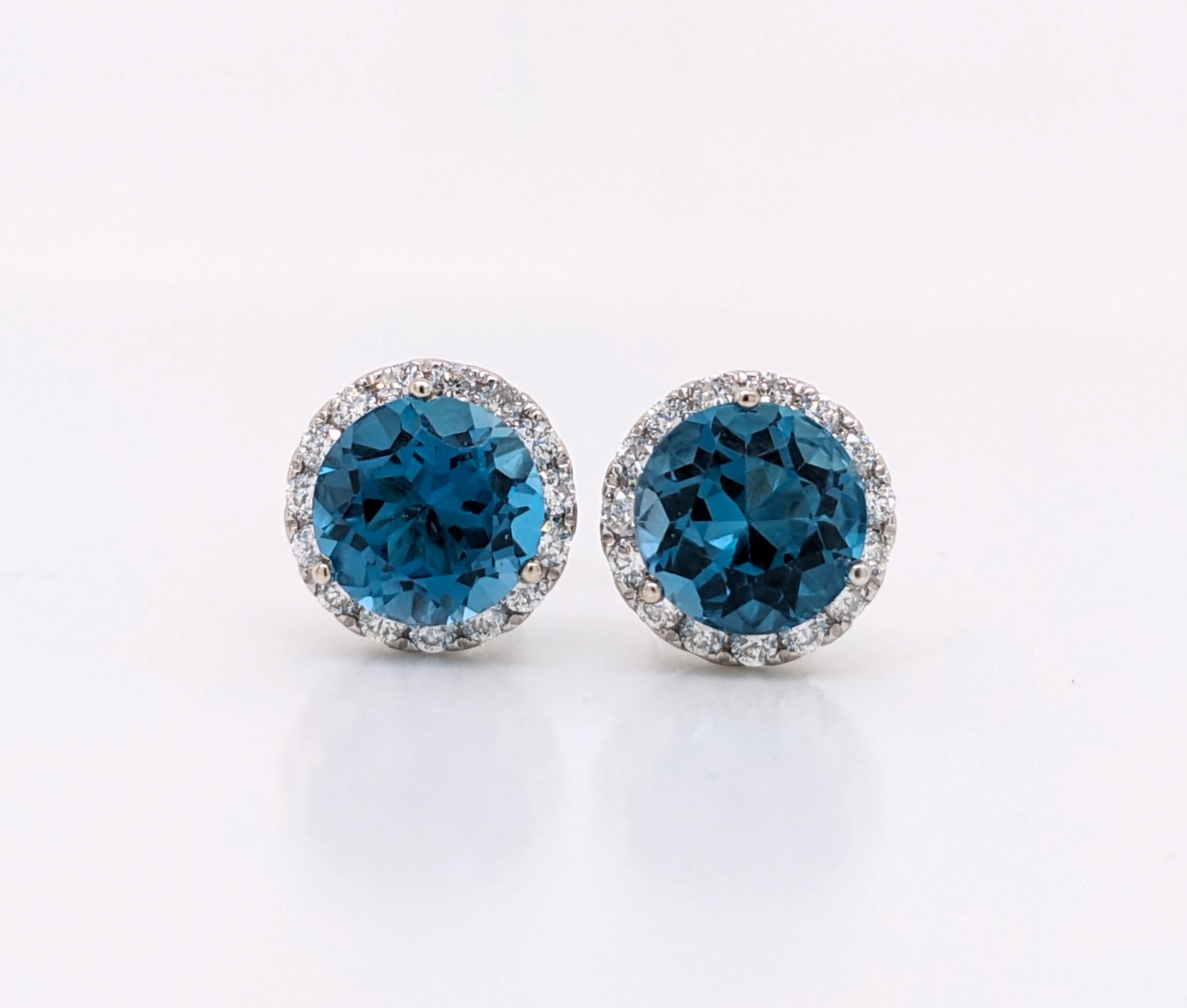 Stud Earrings-Vibrant London Blue Topaz Pave Diamond Halo Studs in 14k White Gold Round 3.5cts | November Birthstone Gift | Sparkly Earrings | Daily Wear - NNJGemstones