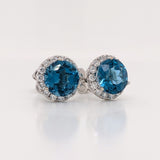 Stud Earrings-Vibrant London Blue Topaz Pave Diamond Halo Studs in 14k White Gold Round 3.5cts | November Birthstone Gift | Sparkly Earrings | Daily Wear - NNJGemstones