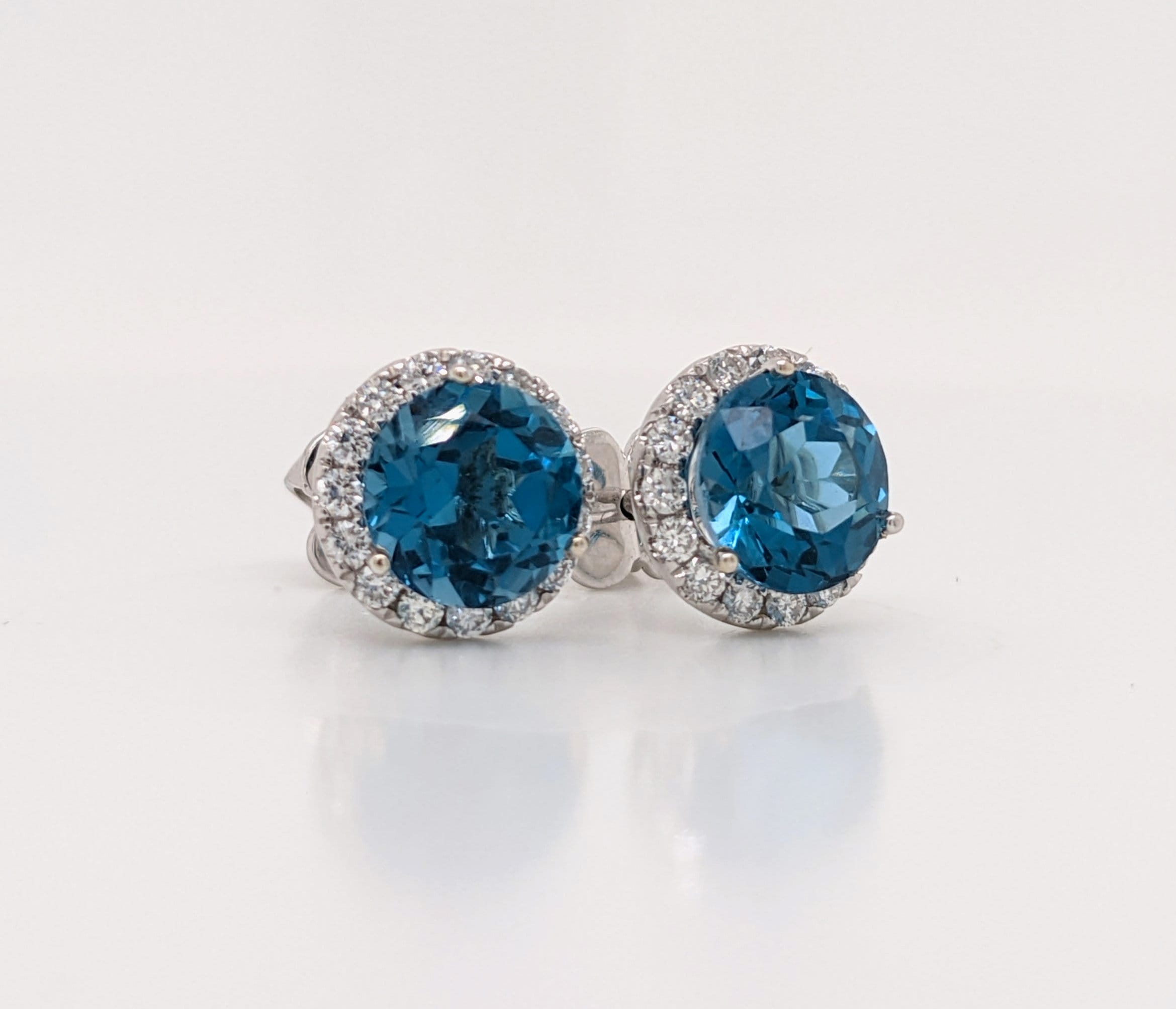 Stud Earrings-Vibrant London Blue Topaz Pave Diamond Halo Studs in 14k White Gold Round 3.5cts | November Birthstone Gift | Sparkly Earrings | Daily Wear - NNJGemstones