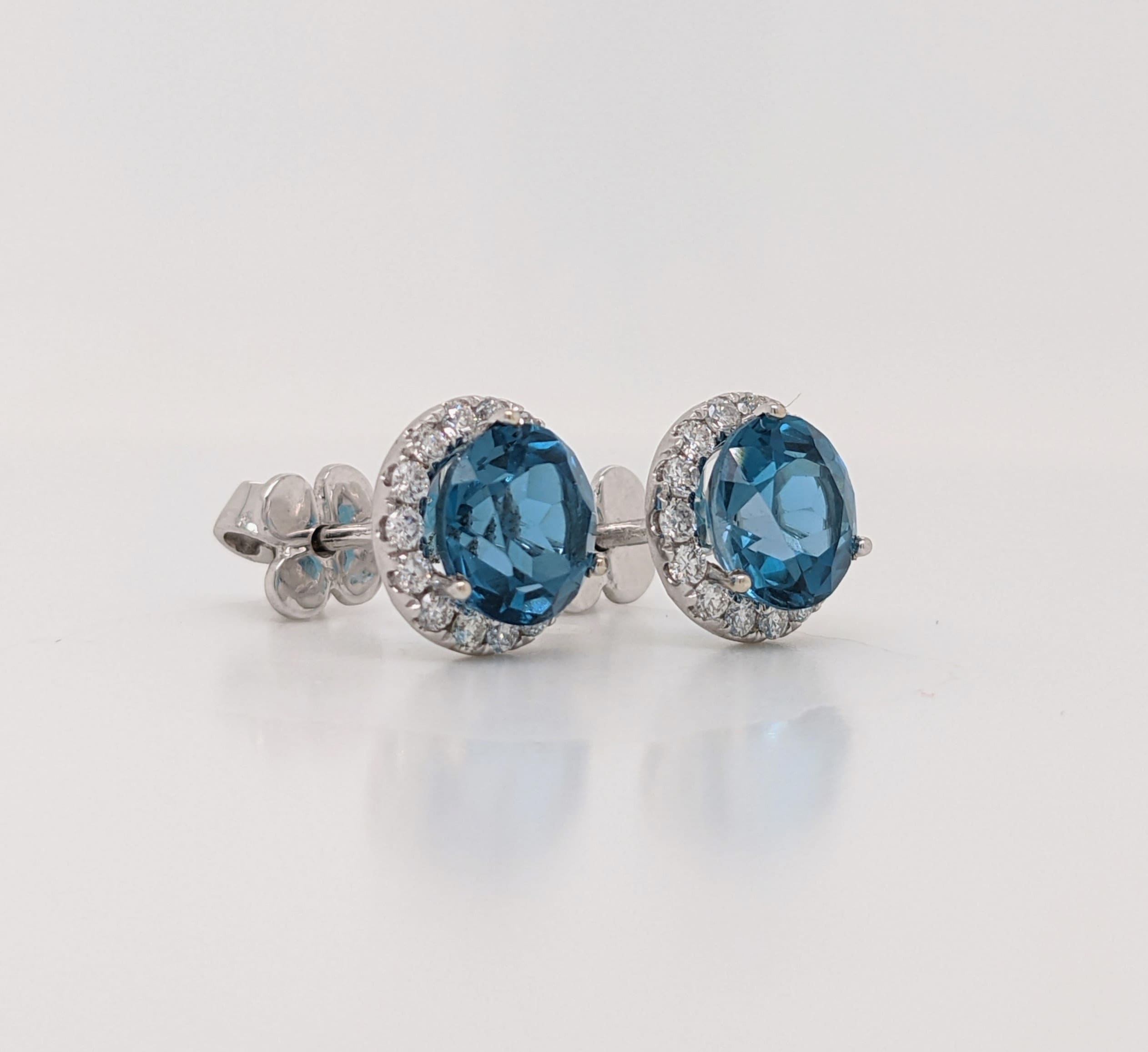 Stud Earrings-Vibrant London Blue Topaz Pave Diamond Halo Studs in 14k White Gold Round 3.5cts | November Birthstone Gift | Sparkly Earrings | Daily Wear - NNJGemstones