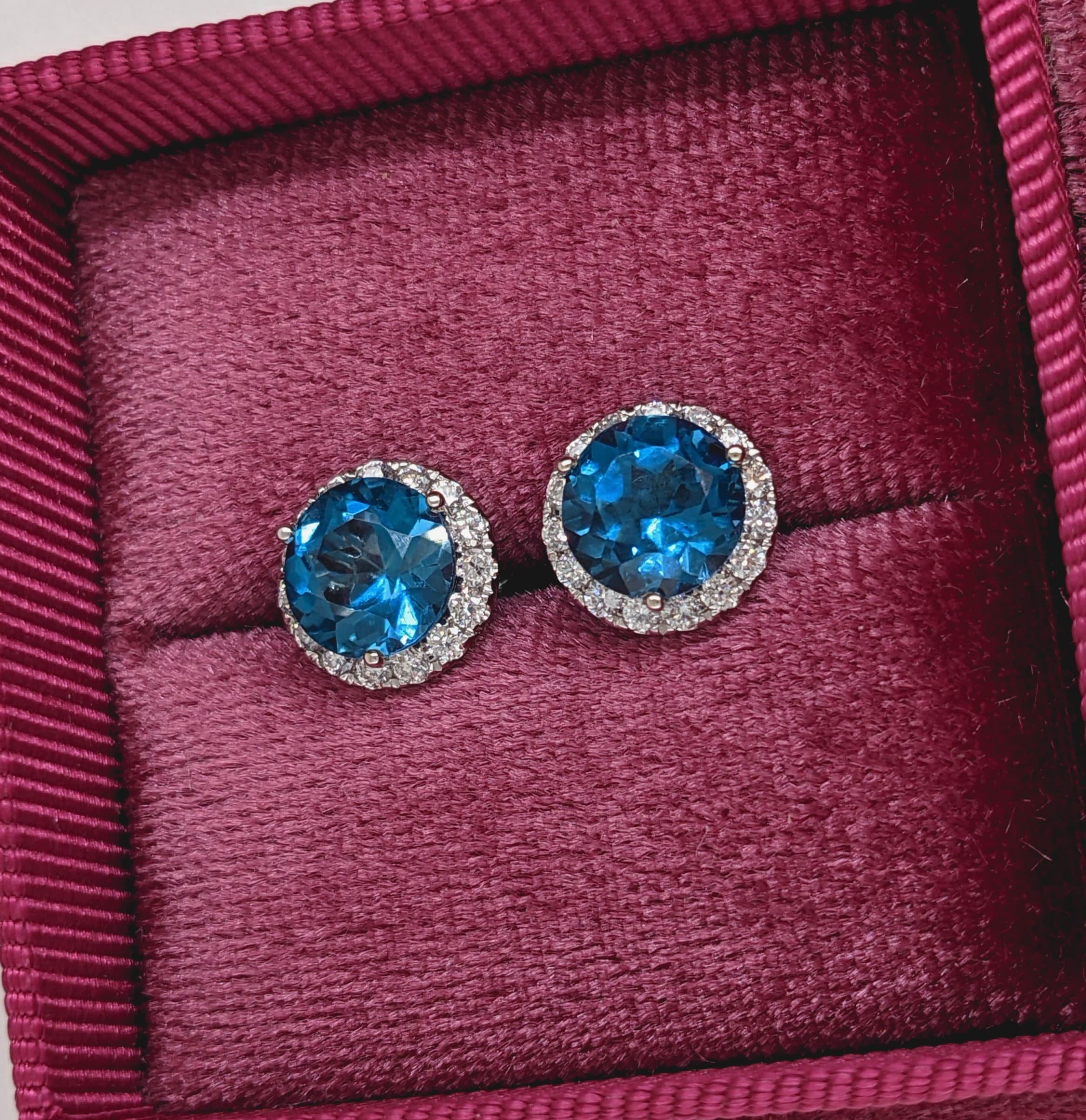 Stud Earrings-Vibrant London Blue Topaz Pave Diamond Halo Studs in 14k White Gold Round 3.5cts | November Birthstone Gift | Sparkly Earrings | Daily Wear - NNJGemstones