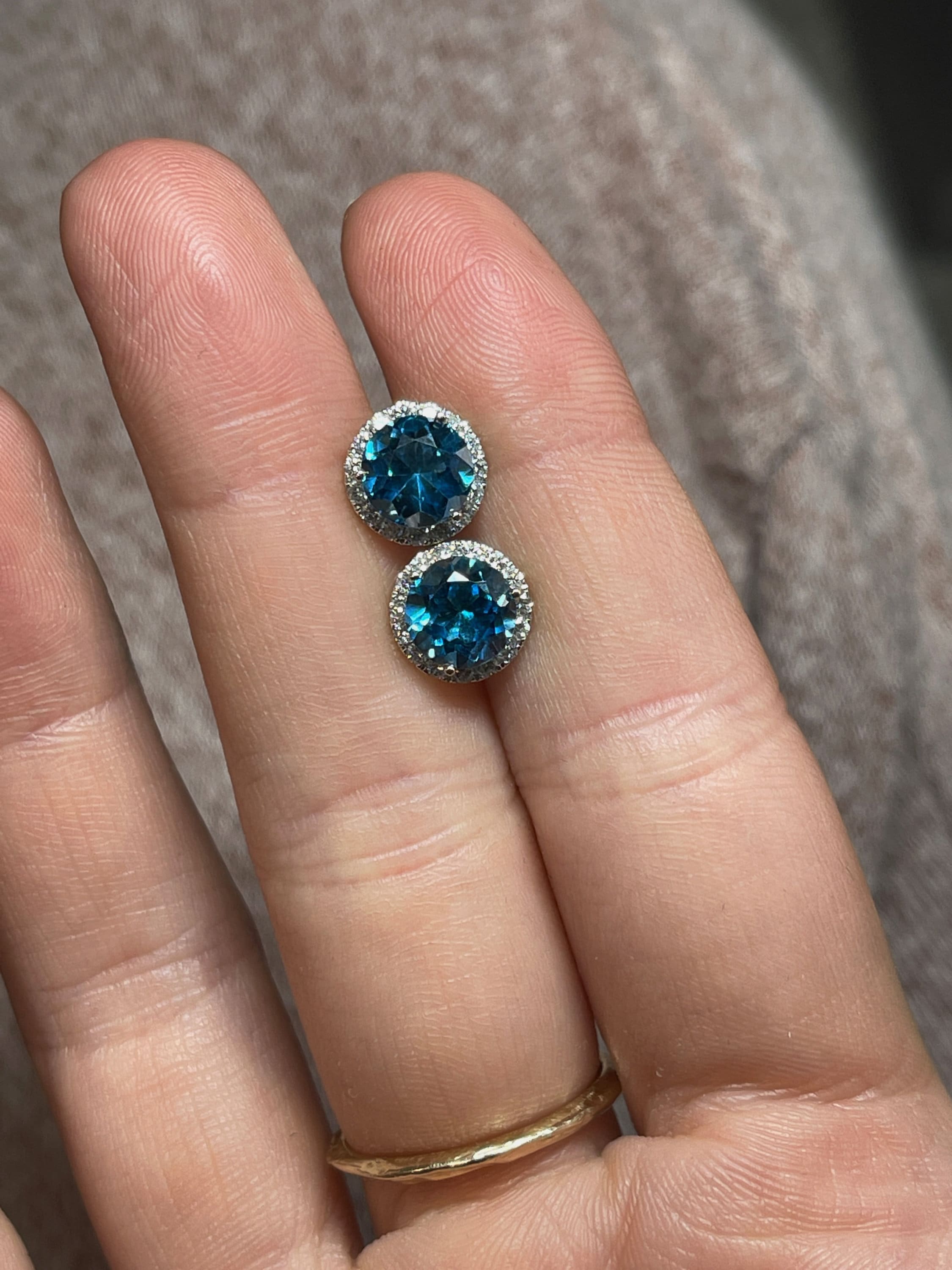 Stud Earrings-Vibrant London Blue Topaz Pave Diamond Halo Studs in 14k White Gold Round 3.5cts | November Birthstone Gift | Sparkly Earrings | Daily Wear - NNJGemstones