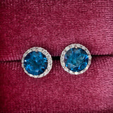 Stud Earrings-Vibrant London Blue Topaz Pave Diamond Halo Studs in 14k White Gold Round 3.5cts | November Birthstone Gift | Sparkly Earrings | Daily Wear - NNJGemstones