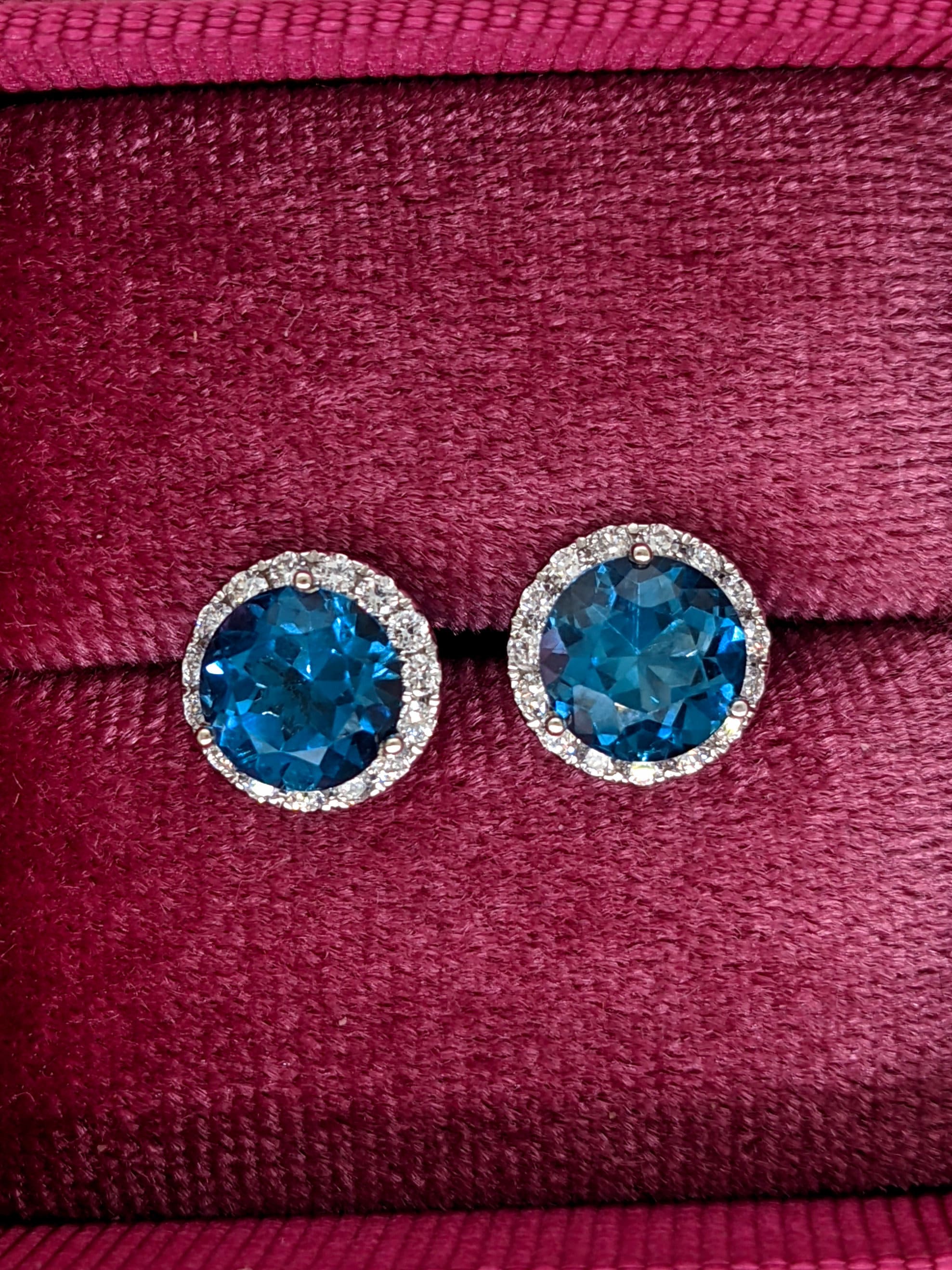 Stud Earrings-Vibrant London Blue Topaz Pave Diamond Halo Studs in 14k White Gold Round 3.5cts | November Birthstone Gift | Sparkly Earrings | Daily Wear - NNJGemstones