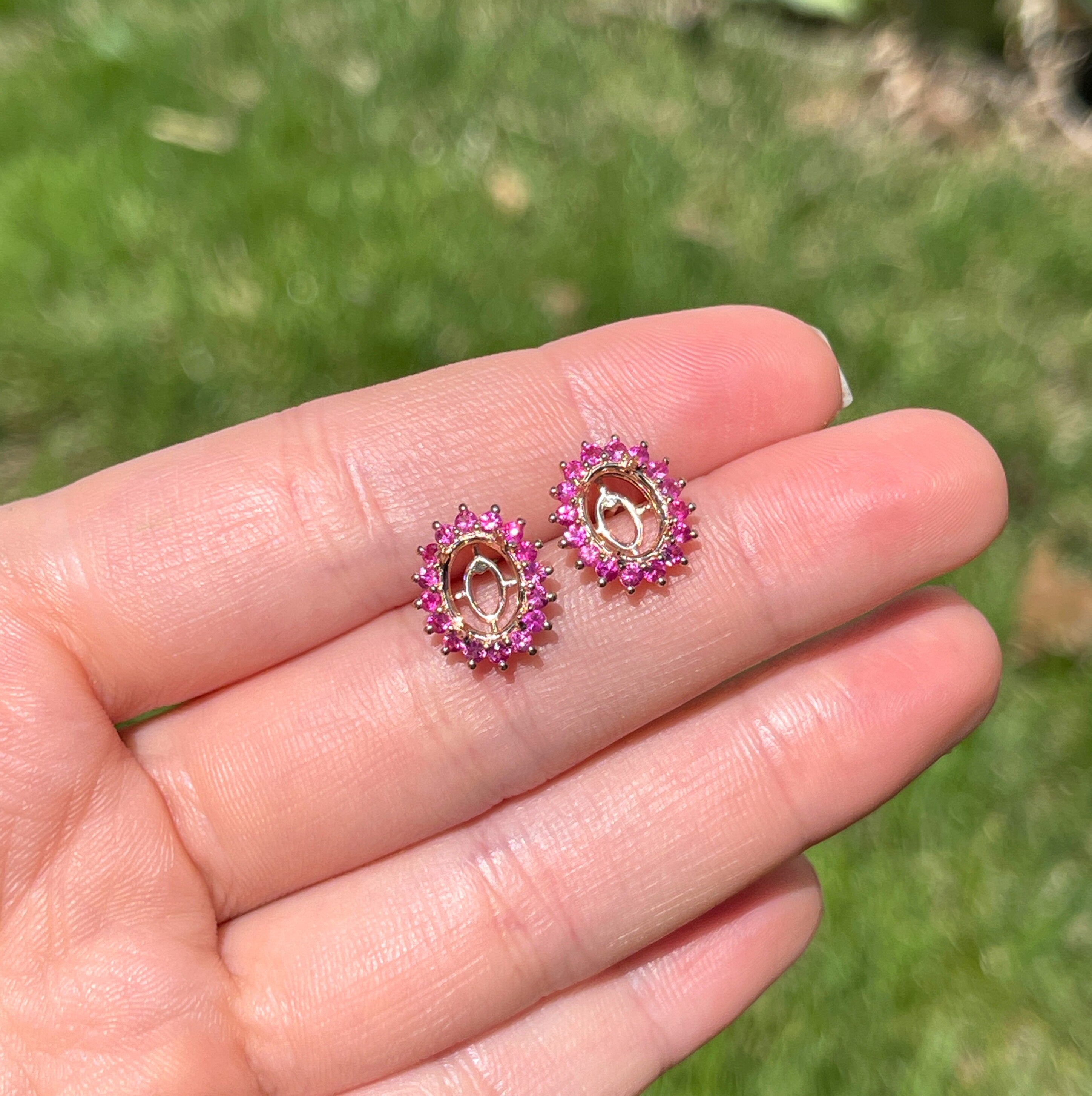 Earrings-Dainty Floral Earring Setting 14K Gold w Pink Sapphire Halo | Oval Shape 8x6 | Daily Wear Studs | Push Gift | September Birthstone | Custom - NNJGemstones