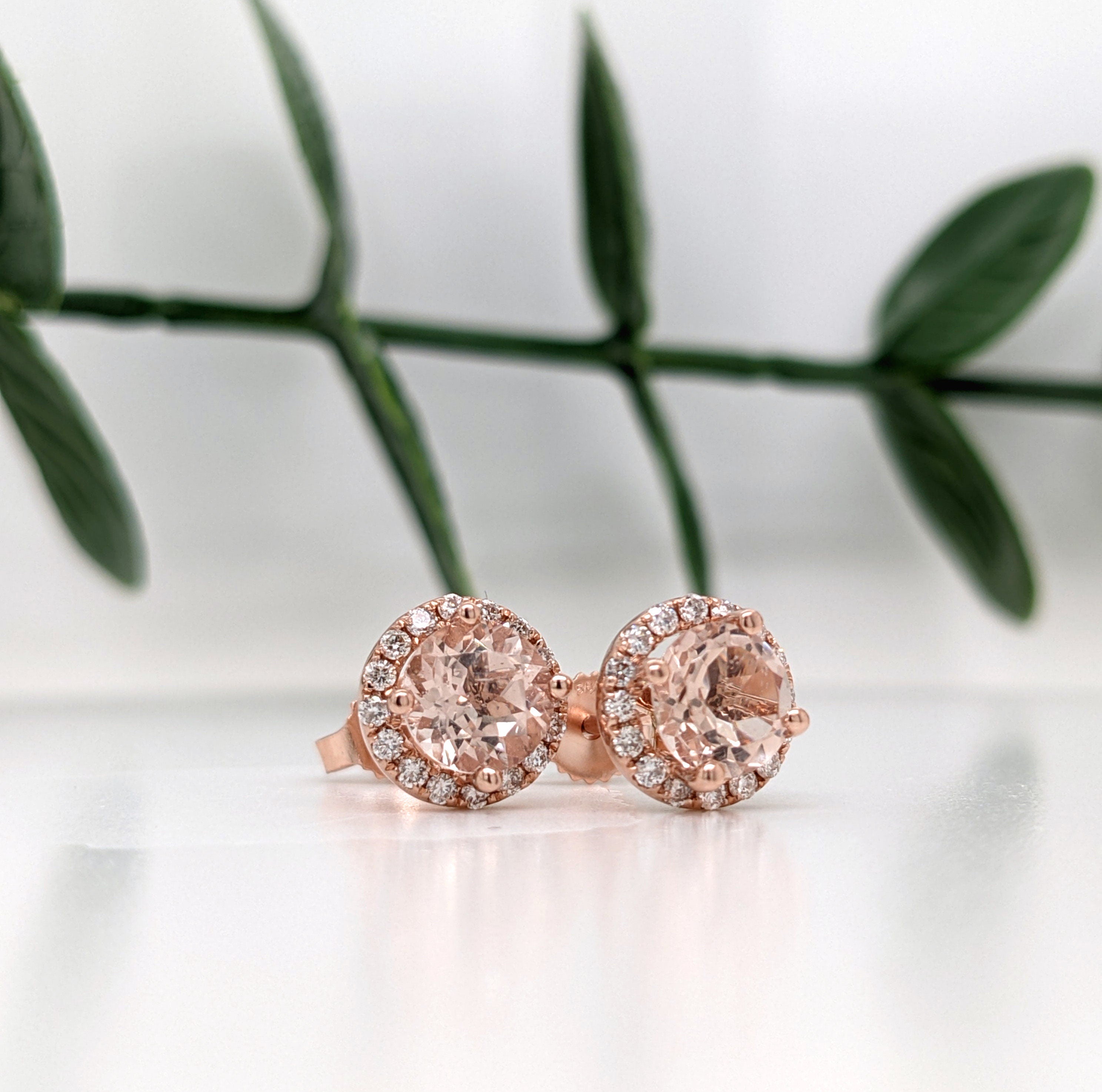 Stud Earrings-Cor de Rosa Morganite Diamond Halo Earrings 14K Gold | Round 6mm | Pink Gemstone Studs | Daily Wear Jewelry | November Birthstone | Custom - NNJGemstones