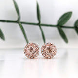 Stud Earrings-Cor de Rosa Morganite Diamond Halo Earrings 14K Gold | Round 6mm | Pink Gemstone Studs | Daily Wear Jewelry | November Birthstone | Custom - NNJGemstones