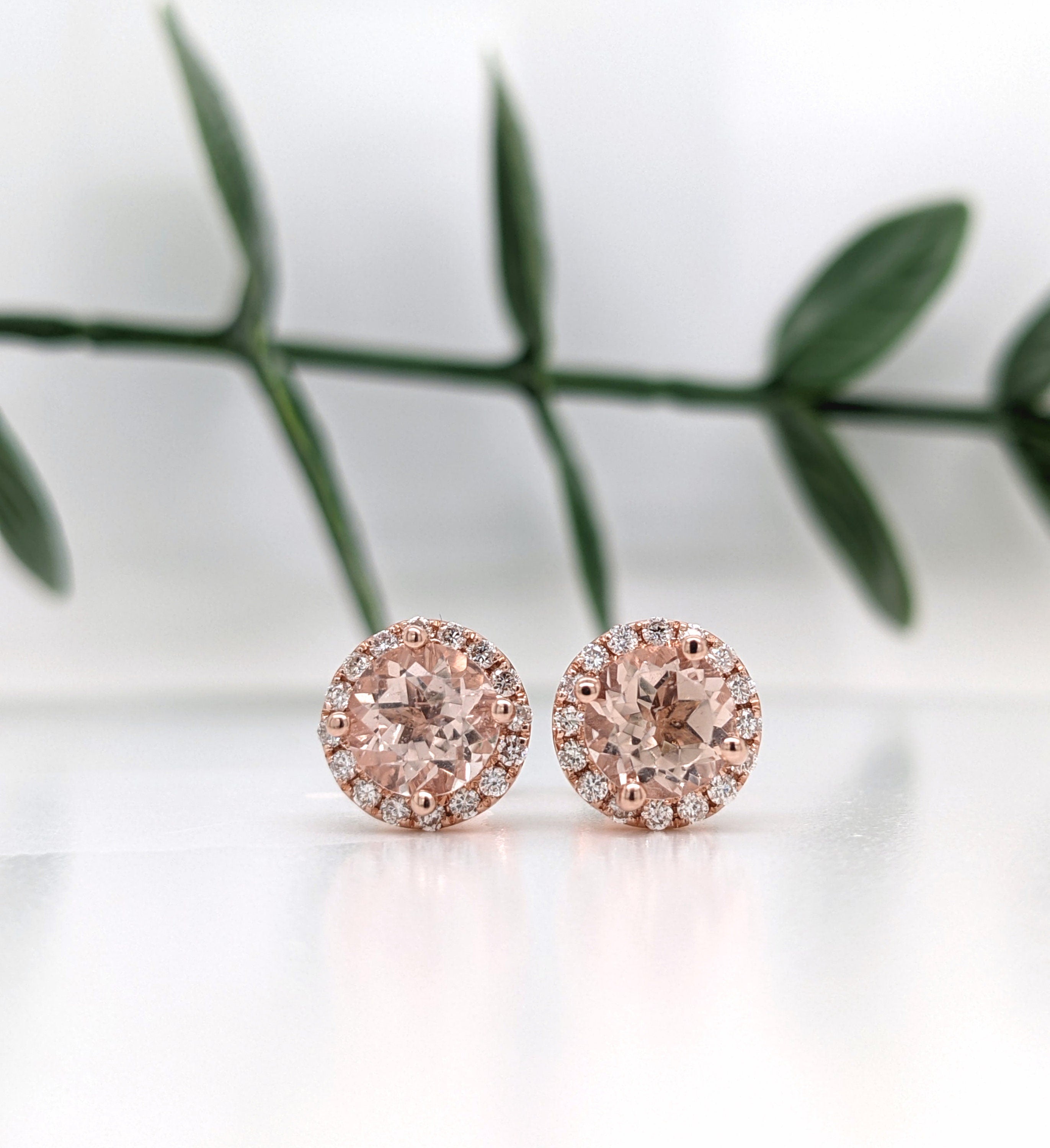 Stud Earrings-Cor de Rosa Morganite Diamond Halo Earrings 14K Gold | Round 6mm | Pink Gemstone Studs | Daily Wear Jewelry | November Birthstone | Custom - NNJGemstones