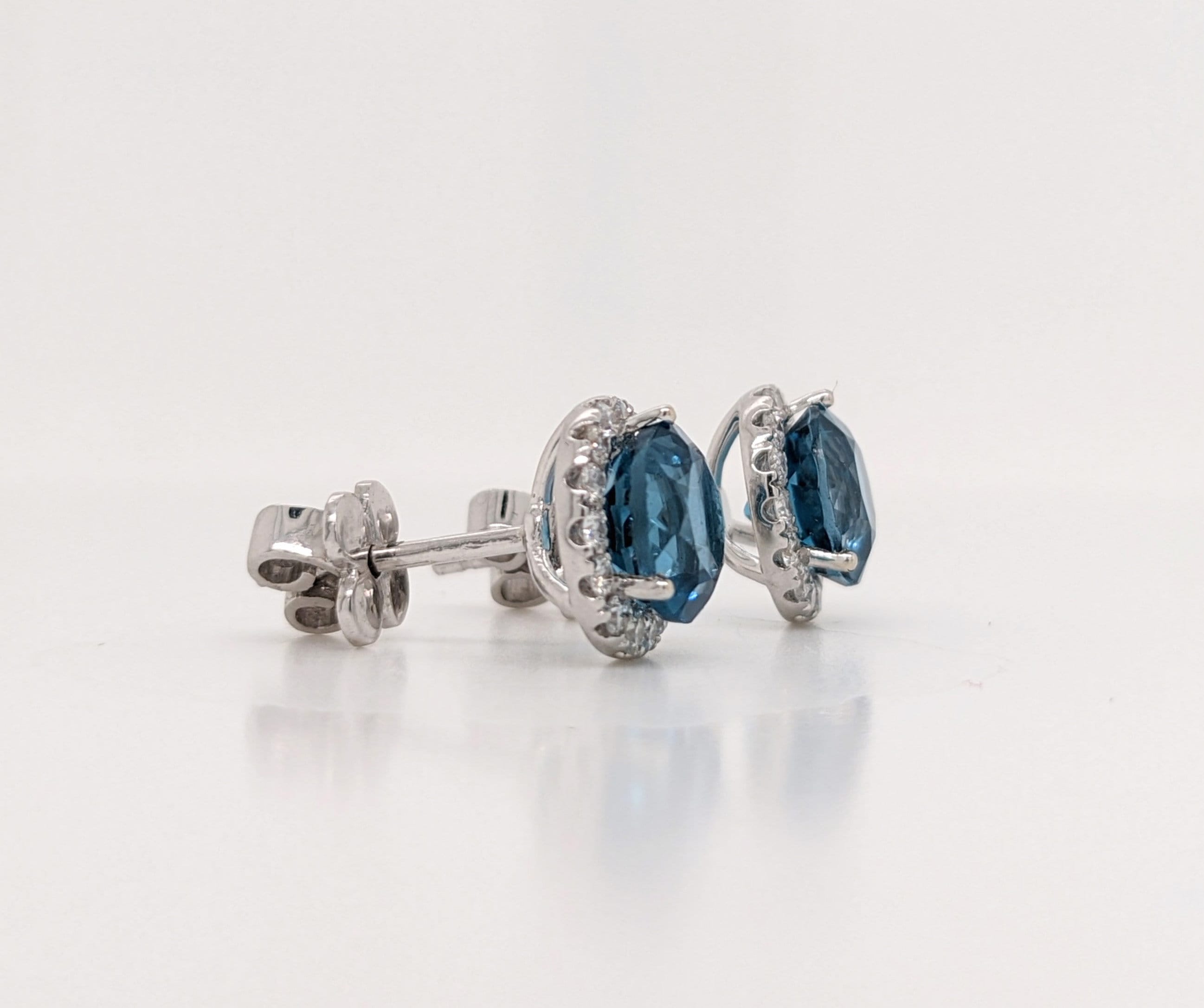 Stud Earrings-Vibrant London Blue Topaz Pave Diamond Halo Studs in 14k White Gold Round 3.5cts | November Birthstone Gift | Sparkly Earrings | Daily Wear - NNJGemstones