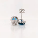 Stud Earrings-Vibrant London Blue Topaz Pave Diamond Halo Studs in 14k White Gold Round 3.5cts | November Birthstone Gift | Sparkly Earrings | Daily Wear - NNJGemstones