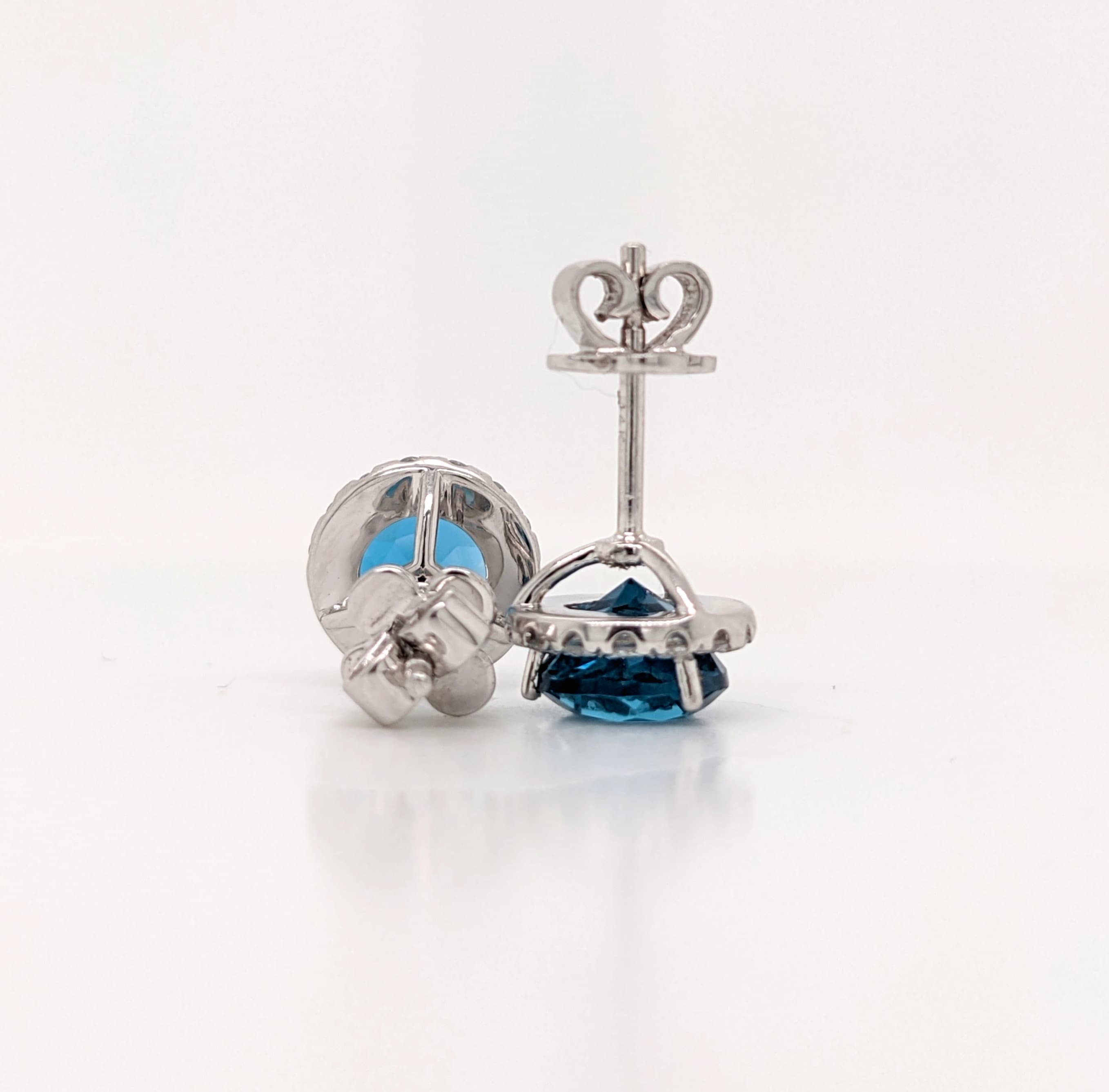 Stud Earrings-Vibrant London Blue Topaz Pave Diamond Halo Studs in 14k White Gold Round 3.5cts | November Birthstone Gift | Sparkly Earrings | Daily Wear - NNJGemstones