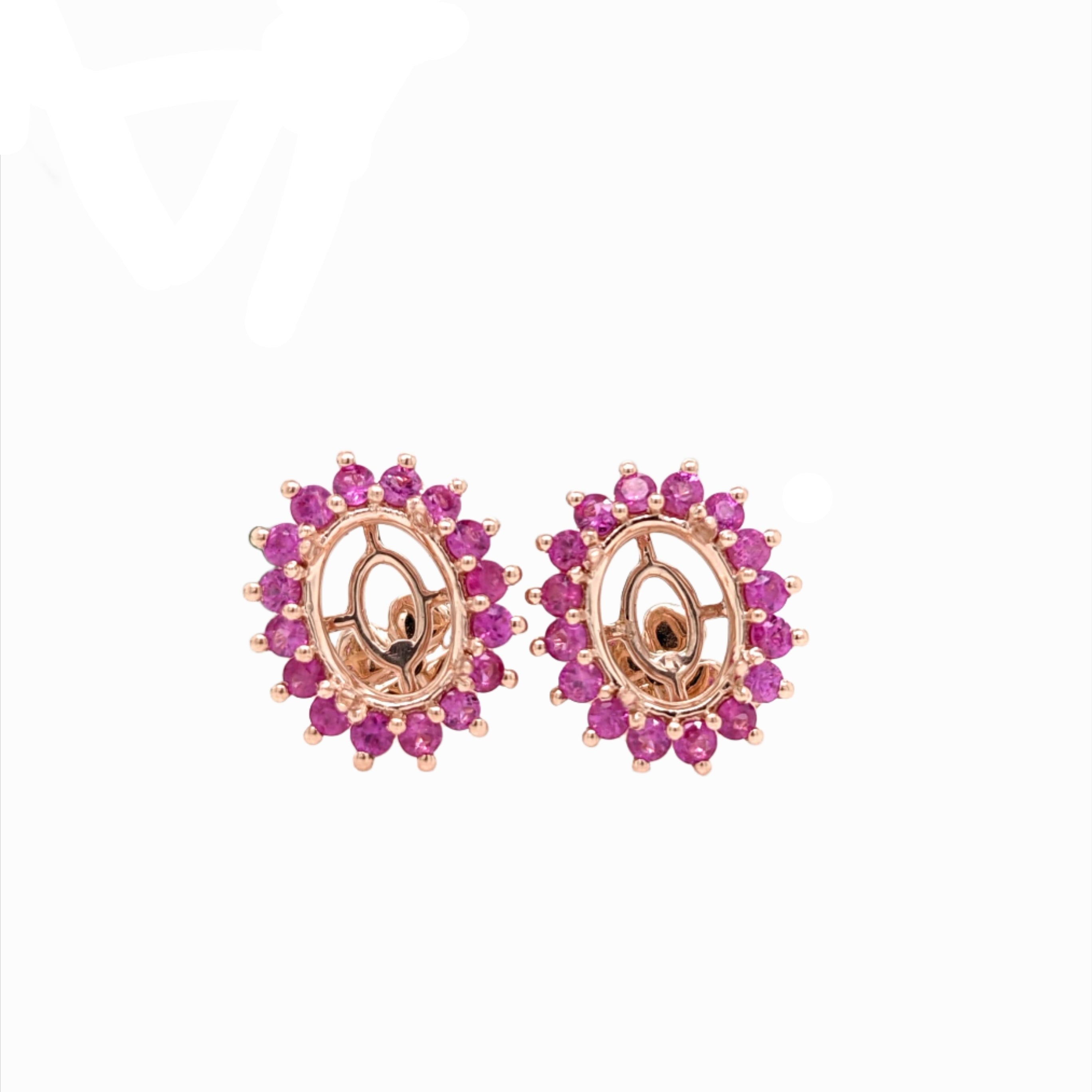 Earrings-Dainty Floral Earring Setting 14K Gold w Pink Sapphire Halo | Oval Shape 8x6 | Daily Wear Studs | Push Gift | September Birthstone | Custom - NNJGemstones