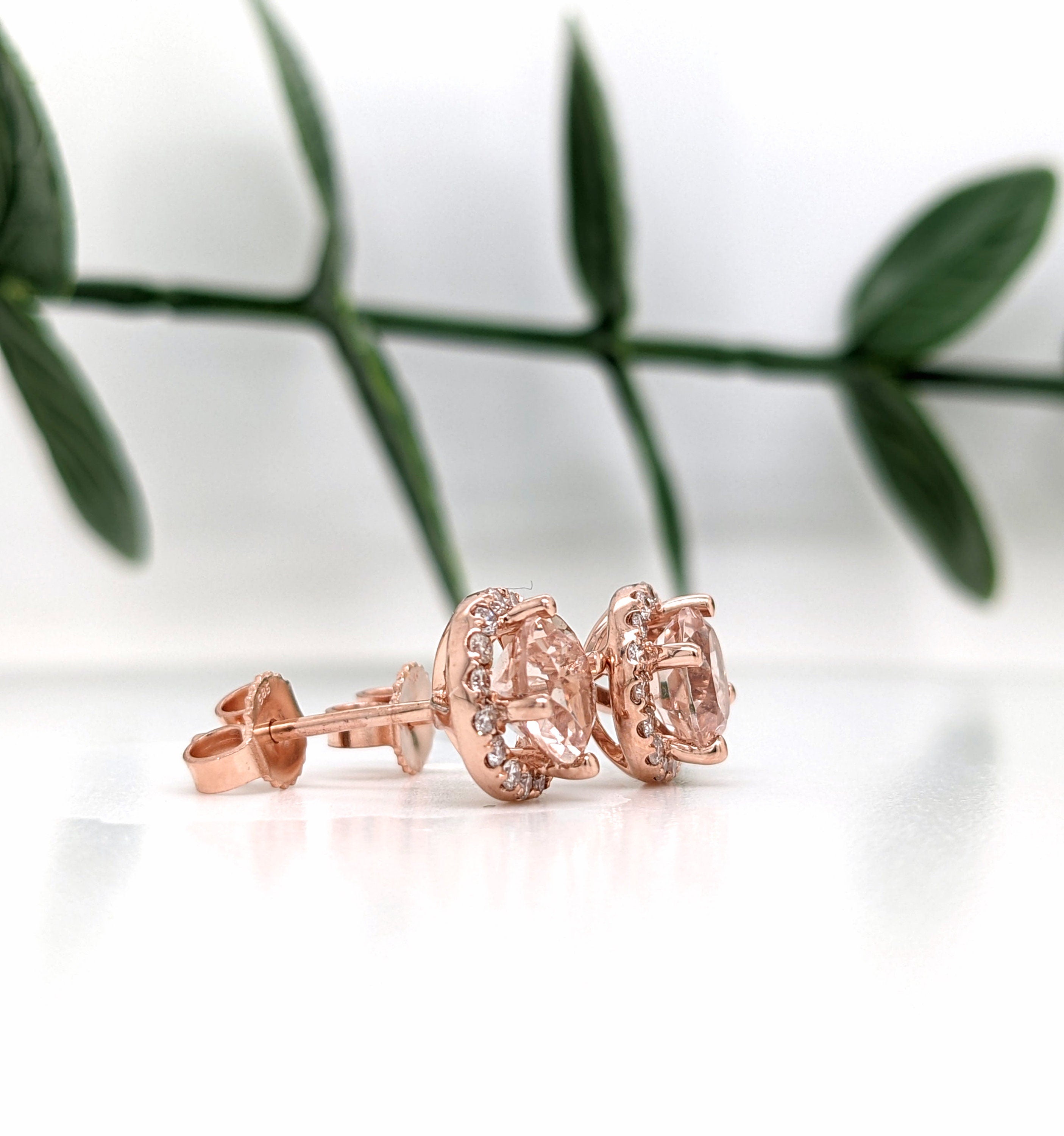 Stud Earrings-Cor de Rosa Morganite Diamond Halo Earrings 14K Gold | Round 6mm | Pink Gemstone Studs | Daily Wear Jewelry | November Birthstone | Custom - NNJGemstones