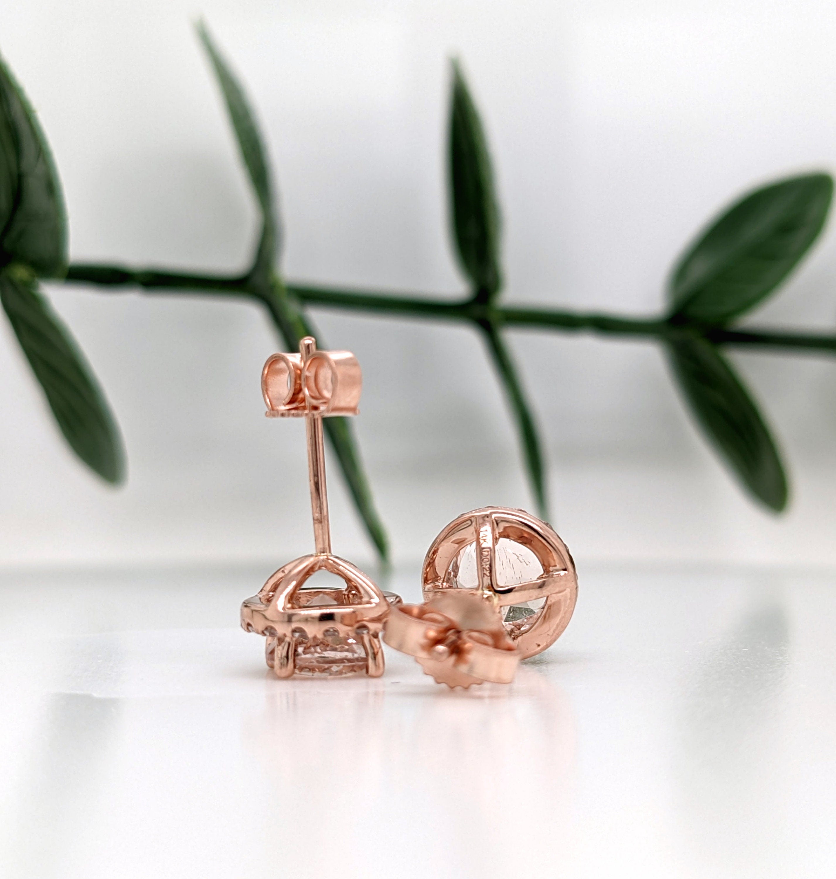 Stud Earrings-Cor de Rosa Morganite Diamond Halo Earrings 14K Gold | Round 6mm | Pink Gemstone Studs | Daily Wear Jewelry | November Birthstone | Custom - NNJGemstones