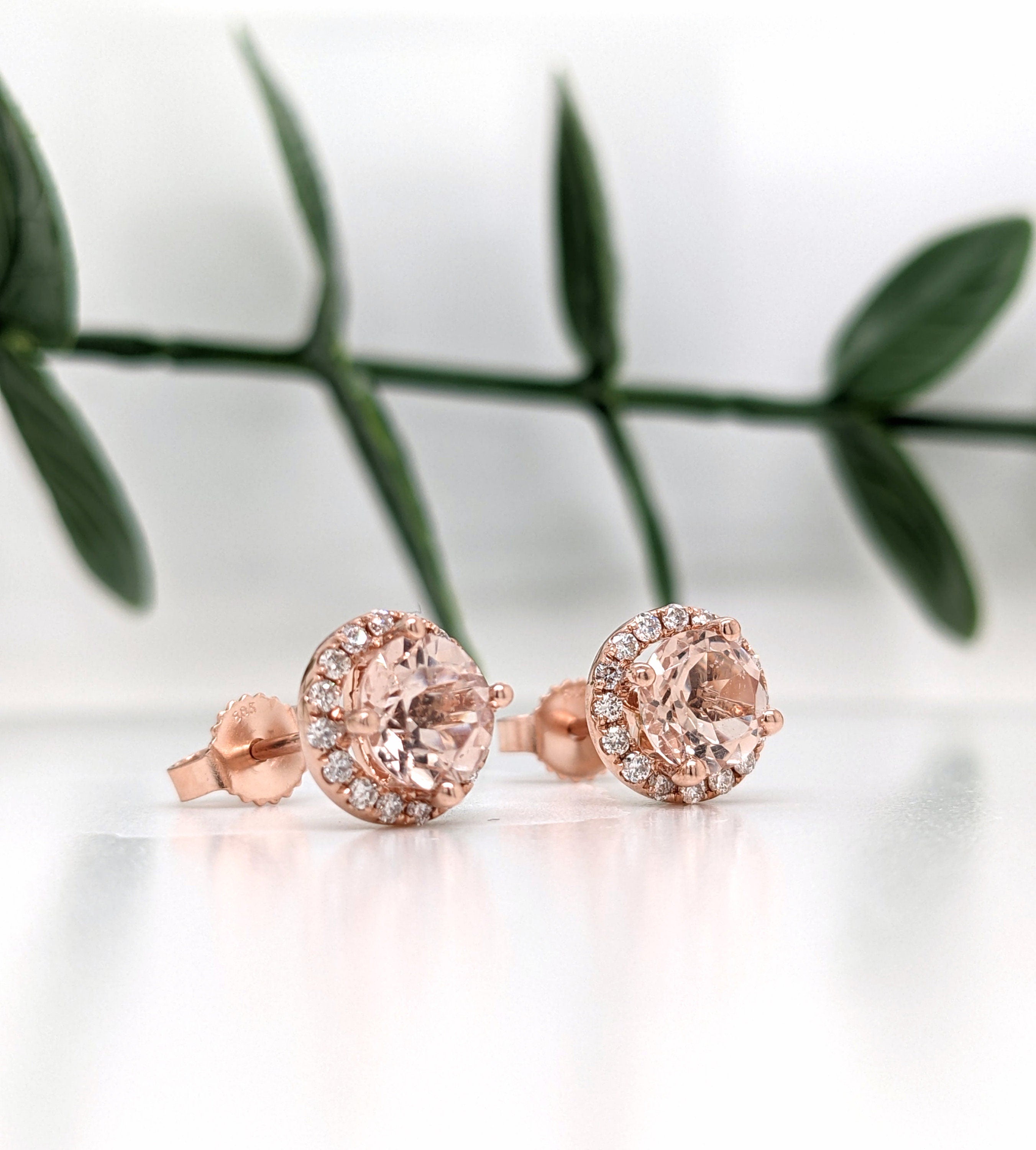 Stud Earrings-Cor de Rosa Morganite Diamond Halo Earrings 14K Gold | Round 6mm | Pink Gemstone Studs | Daily Wear Jewelry | November Birthstone | Custom - NNJGemstones