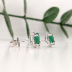 Stud Earrings-Vibrant Green Emeralds in 14K White Gold w Pave Diamond Halo | Oval 7x5mm | May Birthstone | Staple Earrings | Daily Wear | Secure Push Back - NNJGemstones