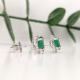 Stud Earrings-Vibrant Green Emeralds in 14K White Gold w Pave Diamond Halo | Oval 7x5mm | May Birthstone | Staple Earrings | Daily Wear | Secure Push Back - NNJGemstones